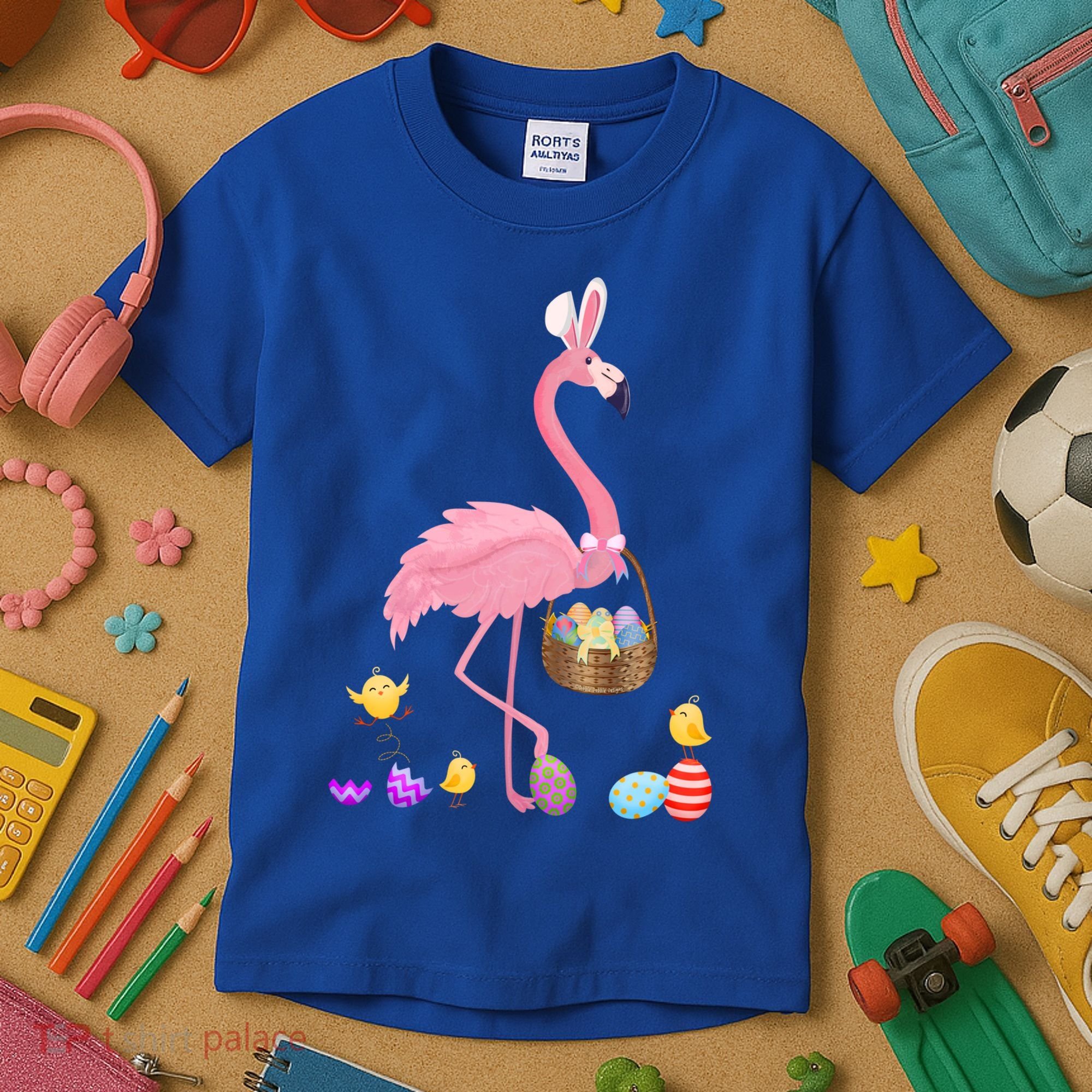 Cool Pretty Easter Gift Flamingo With Easter Basket Gift Kids T-Shirt