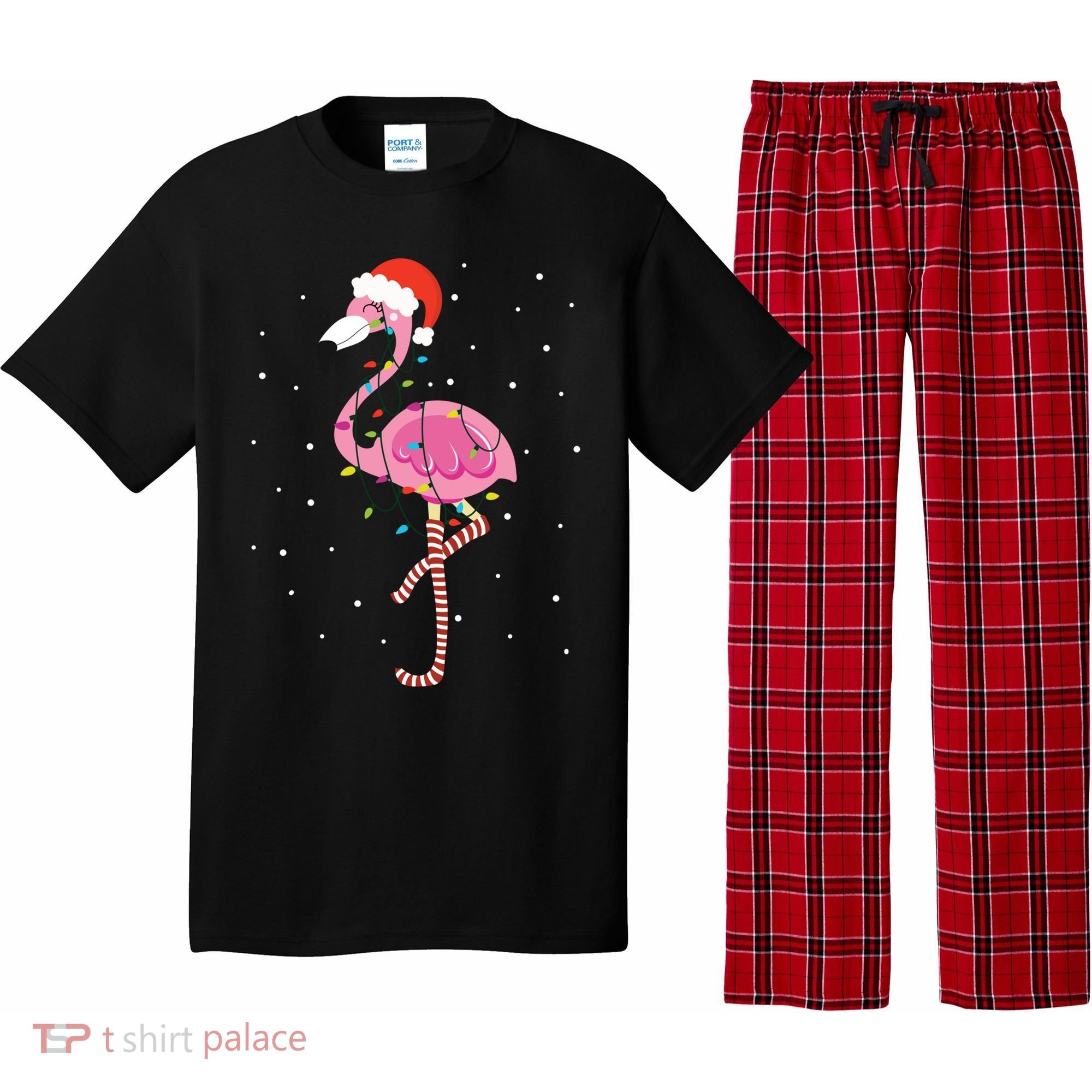 Cute Pink Flamingo Christmas Lights Santa Hat Meaningful Gift Pajama Set
