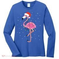 Cute Pink Flamingo Christmas Lights Santa Hat Meaningful Gift Women's Long Sleeve Shirt thumb 0