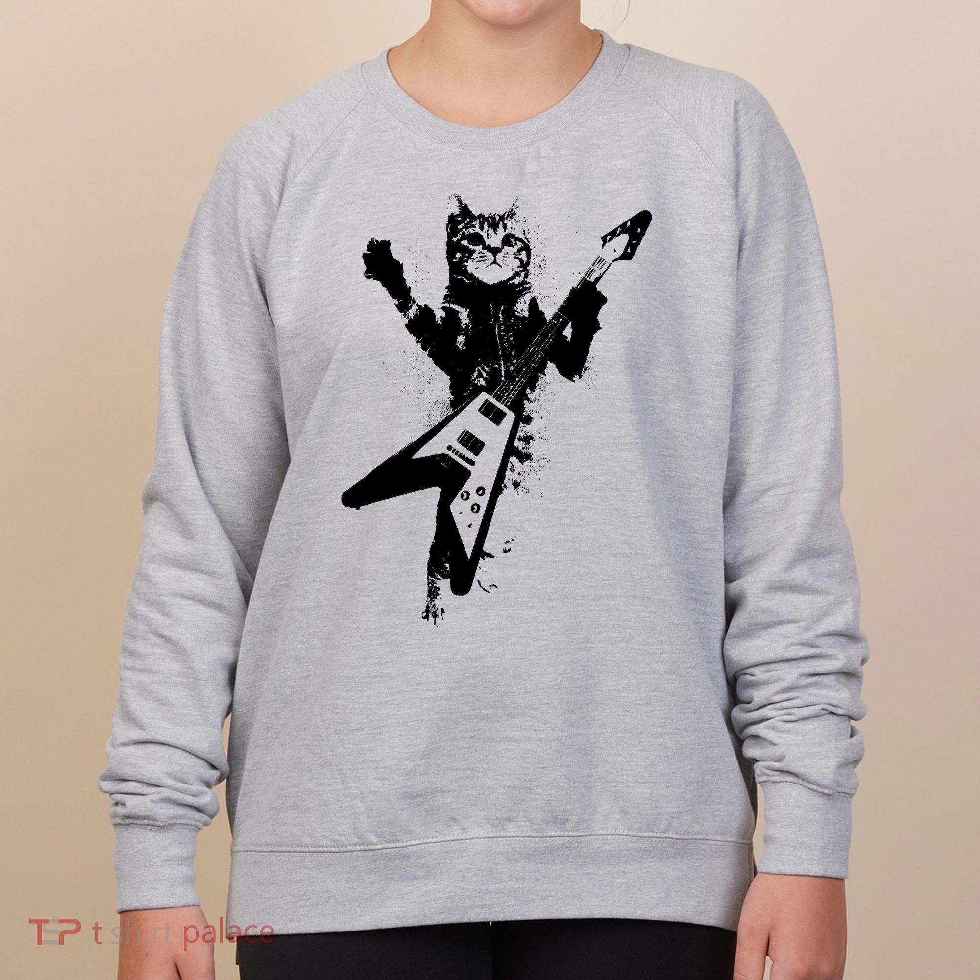 Cat Playing Flying V Guitar Musician Cat Lover TShirt Women's Sweatshirt