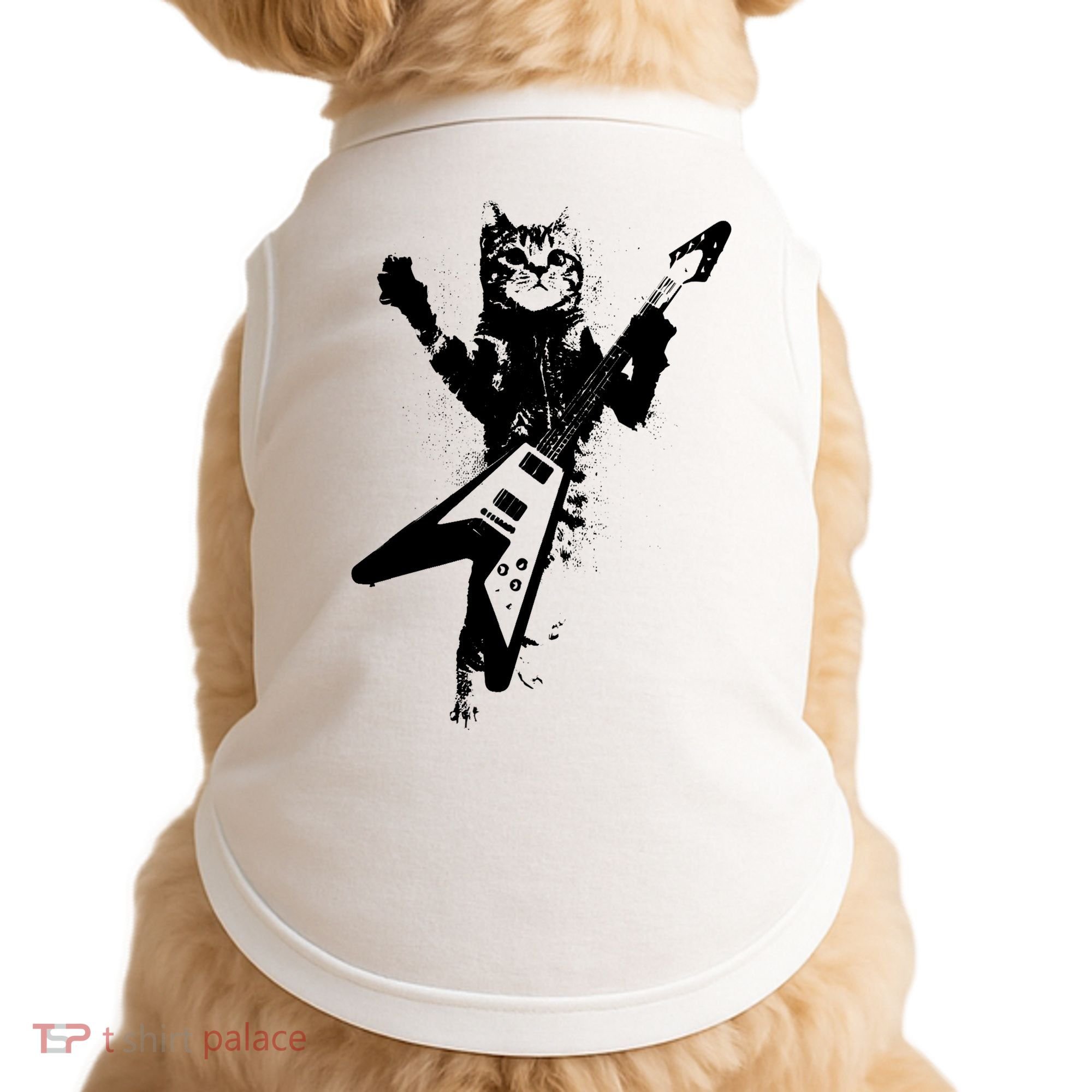 Cat Playing Flying V Guitar Musician Cat Lover TShirt Doggie Tank