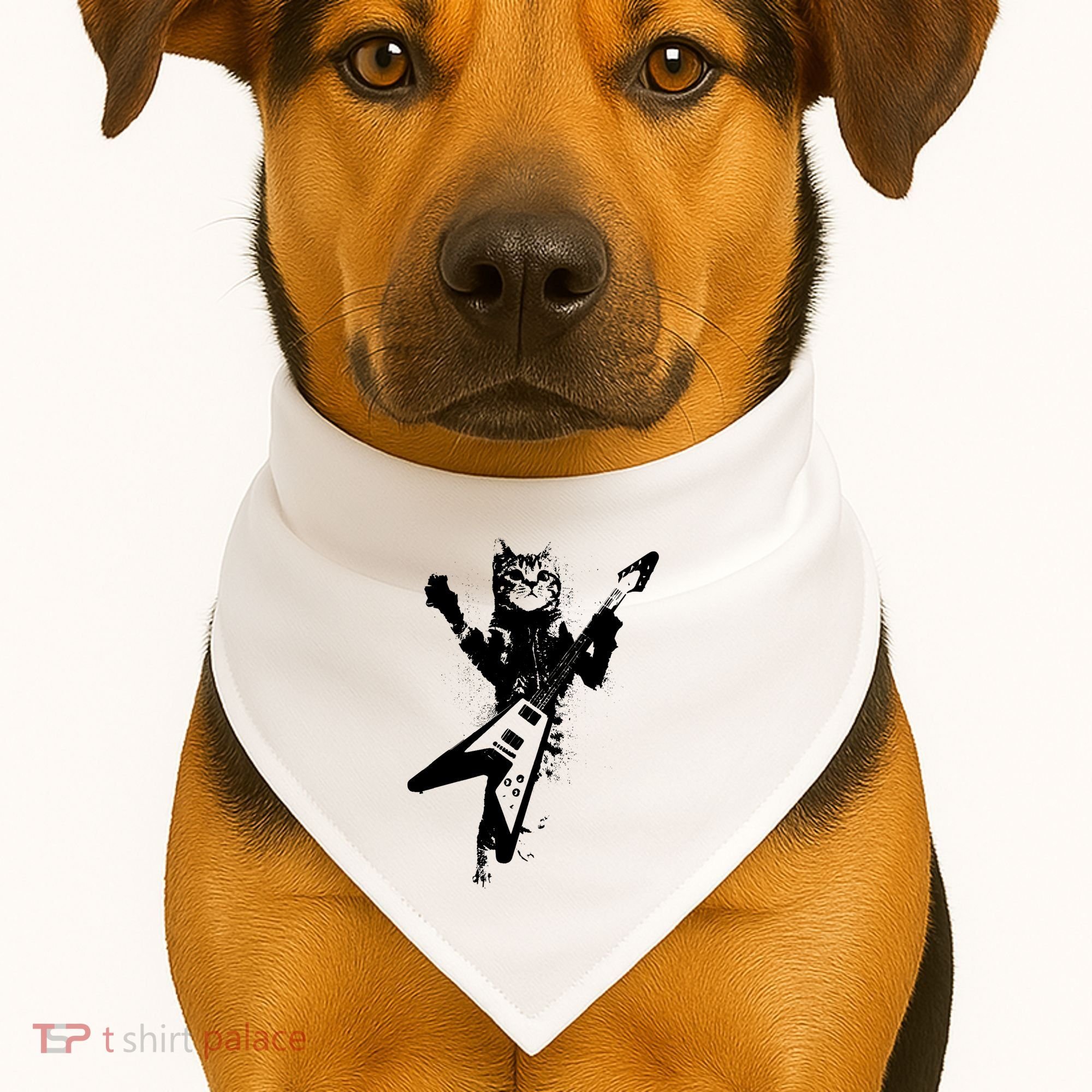 Cat Playing Flying V Guitar Musician Cat Lover TShirt USA-Made Doggie Bandana
