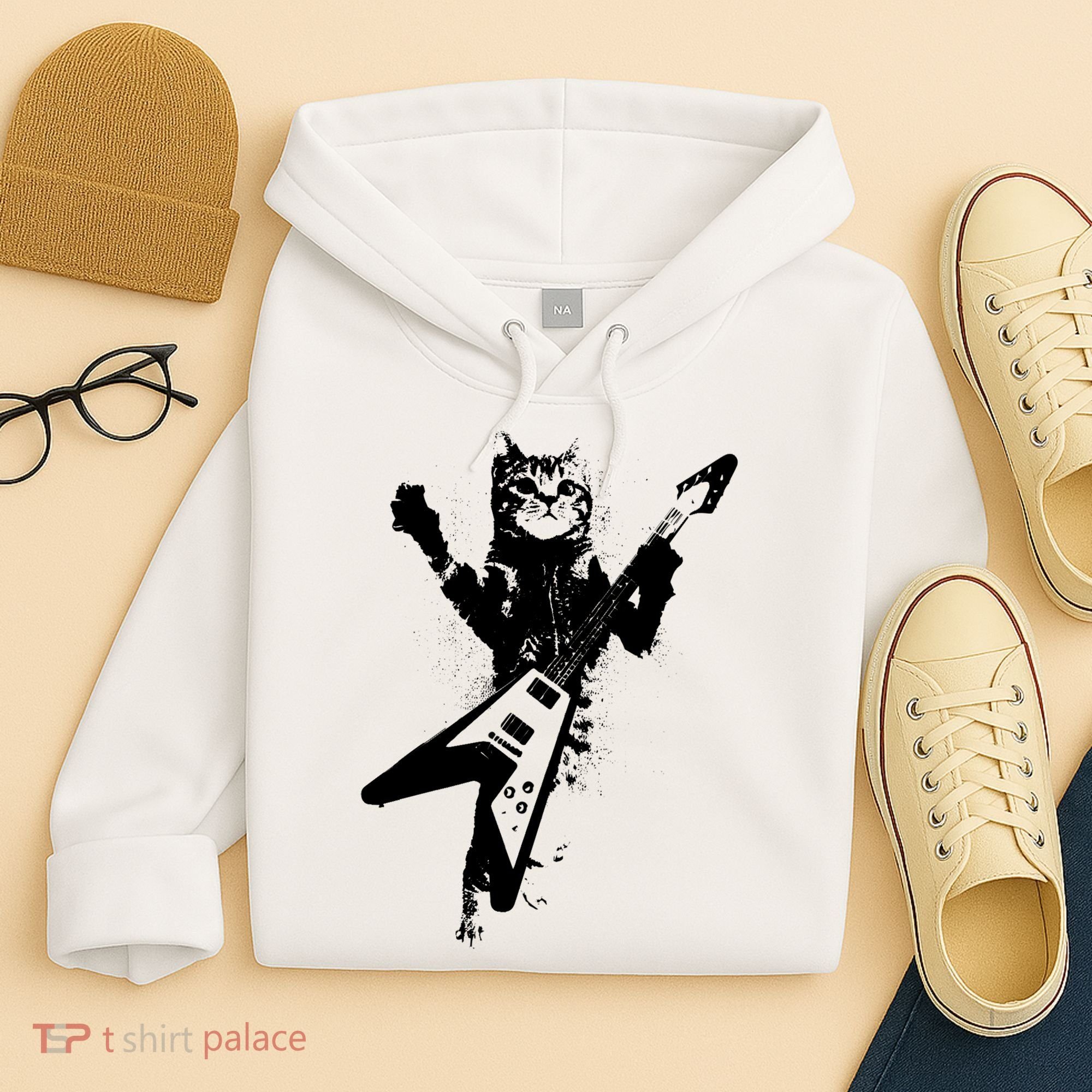 Cat Playing Flying V Guitar Musician Cat Lover TShirt Hoodie
