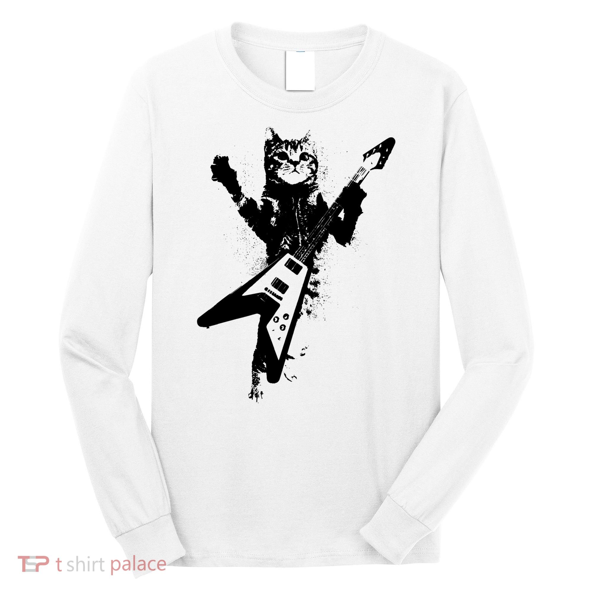 Cat Playing Flying V Guitar Musician Cat Lover TShirt Long Sleeve Shirt