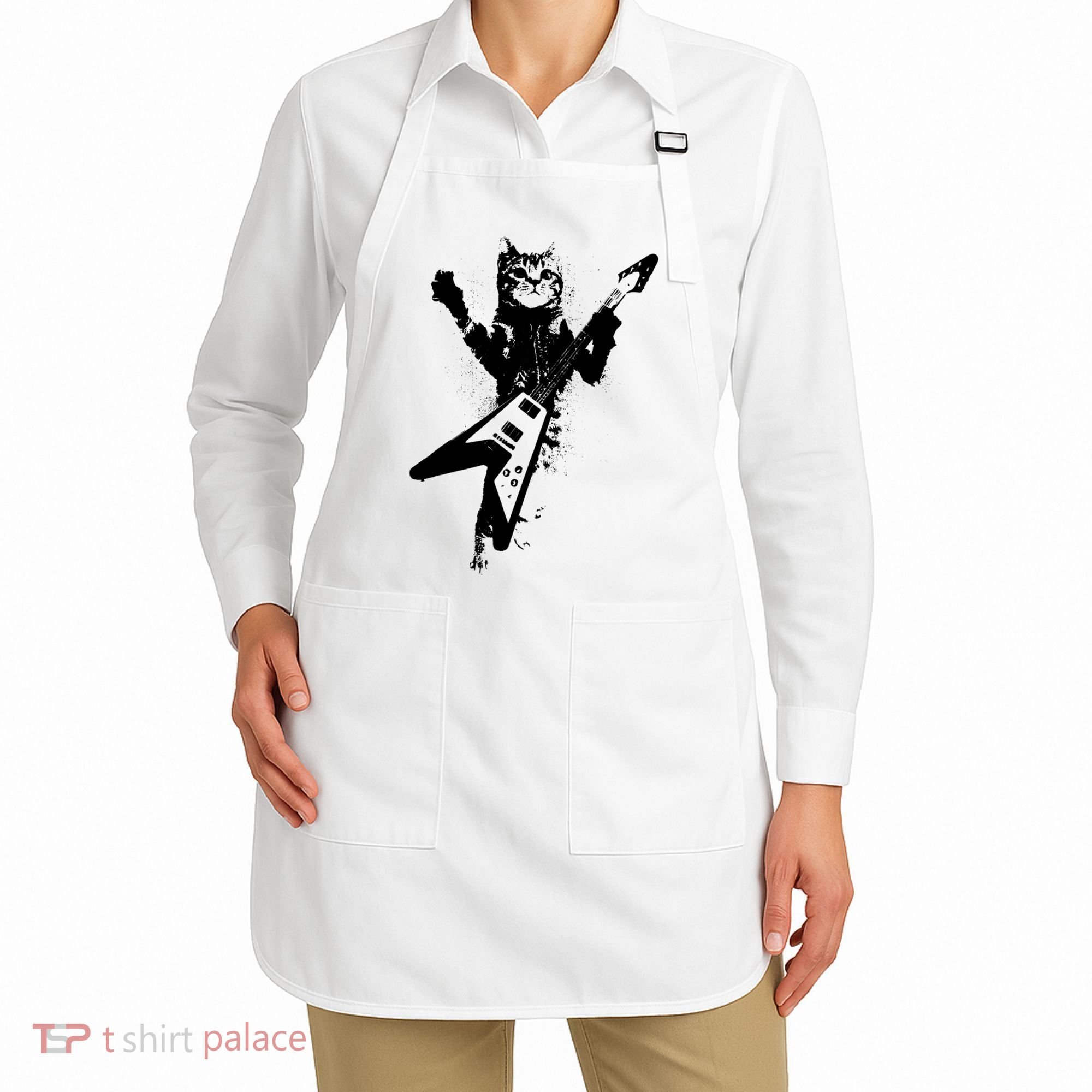 Cat Playing Flying V Guitar Musician Cat Lover TShirt Apron