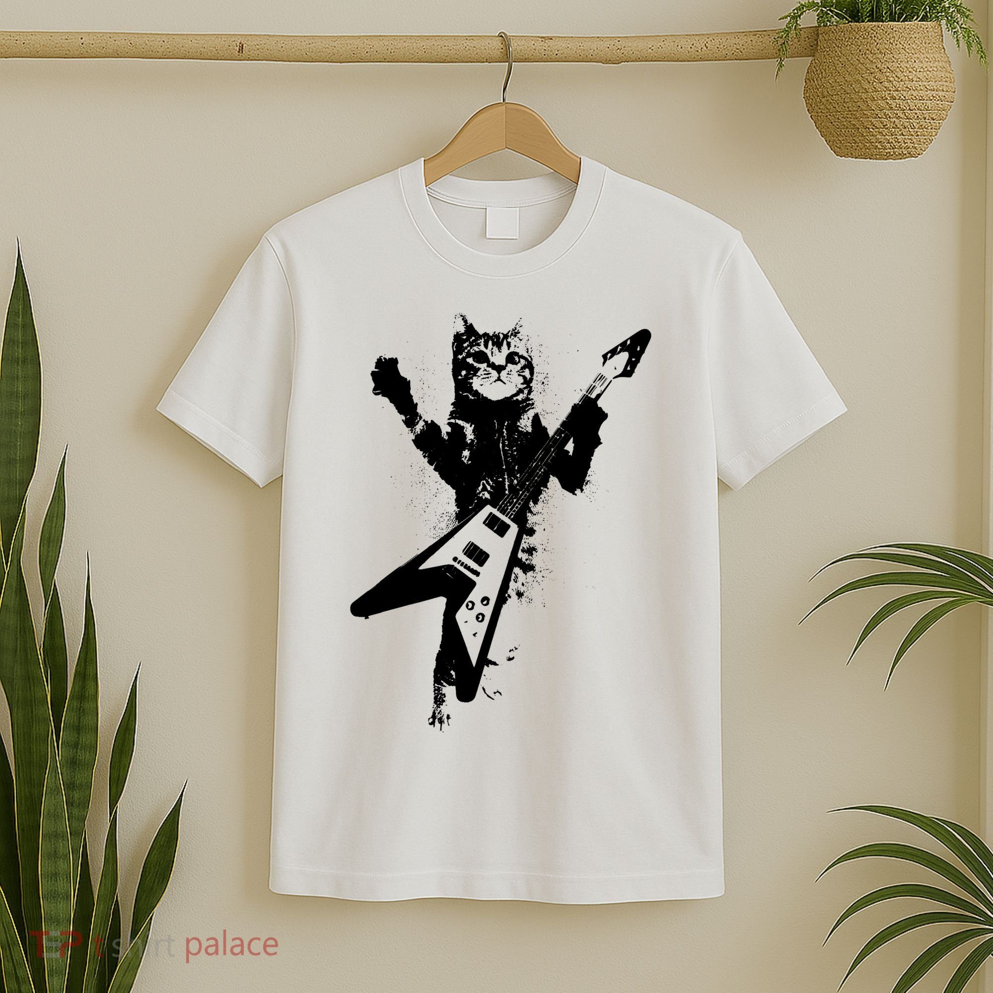 Cat Playing Flying V Guitar Musician Cat Lover TShirt T-Shirt