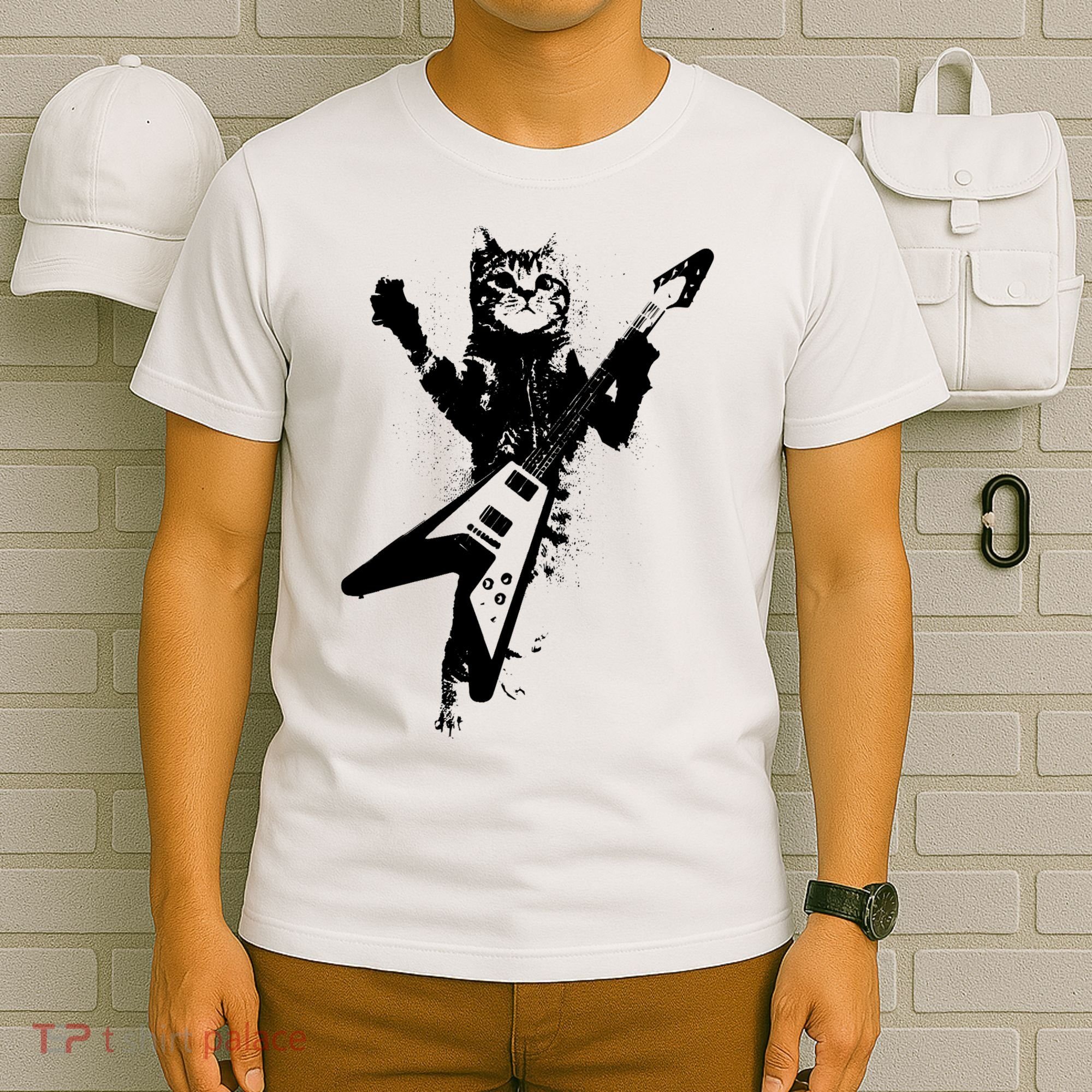 Cat Playing Flying V Guitar Musician Cat Lover TShirt T-Shirt