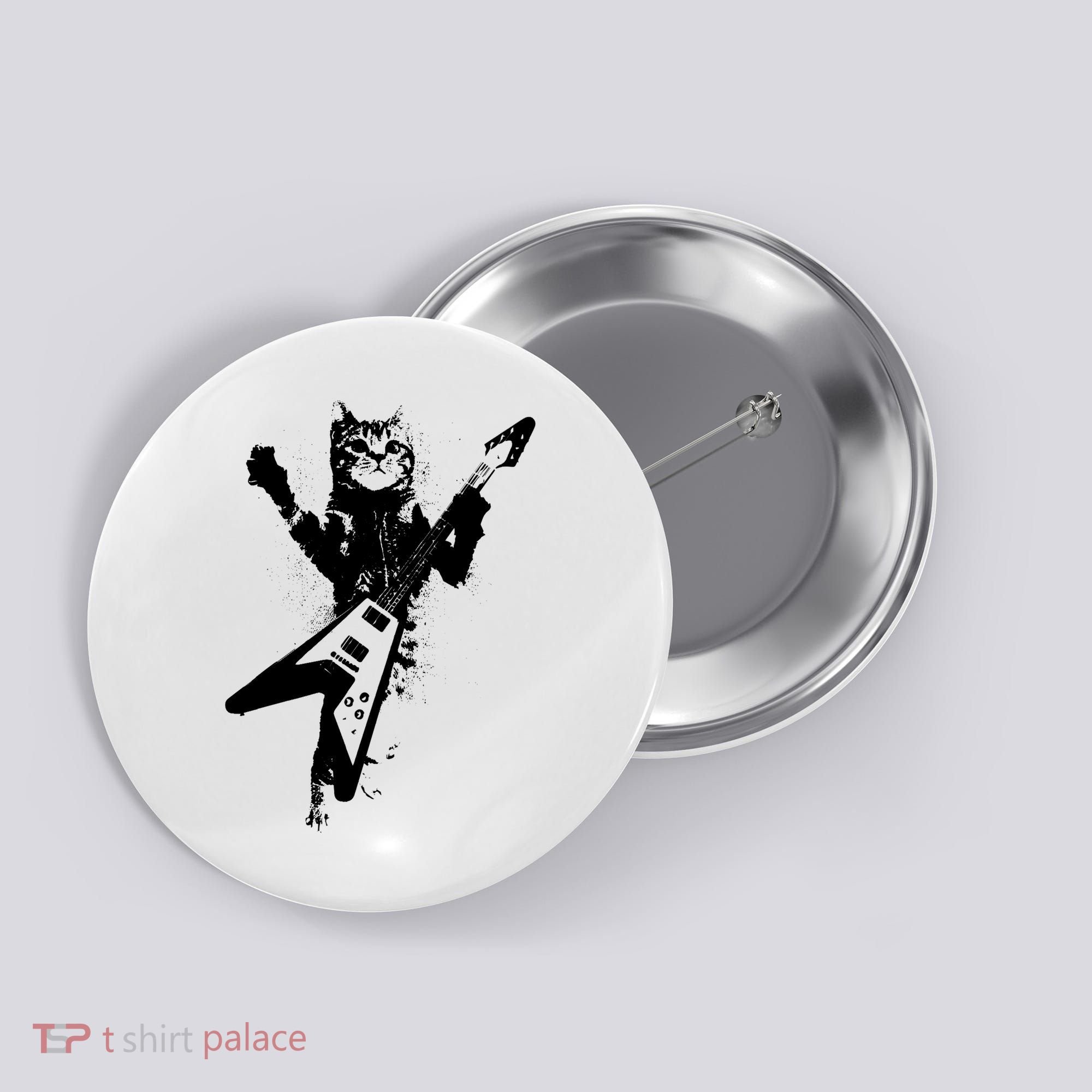 Cat Playing Flying V Guitar Musician Cat Lover TShirt Button