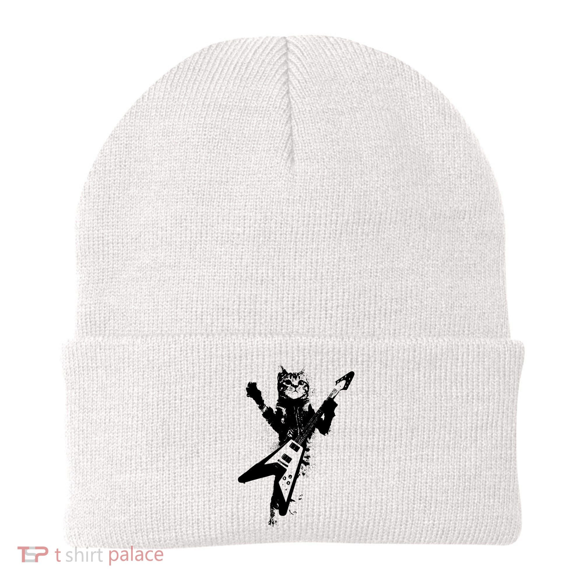 Cat Playing Flying V Guitar Musician Cat Lover TShirt Beanie