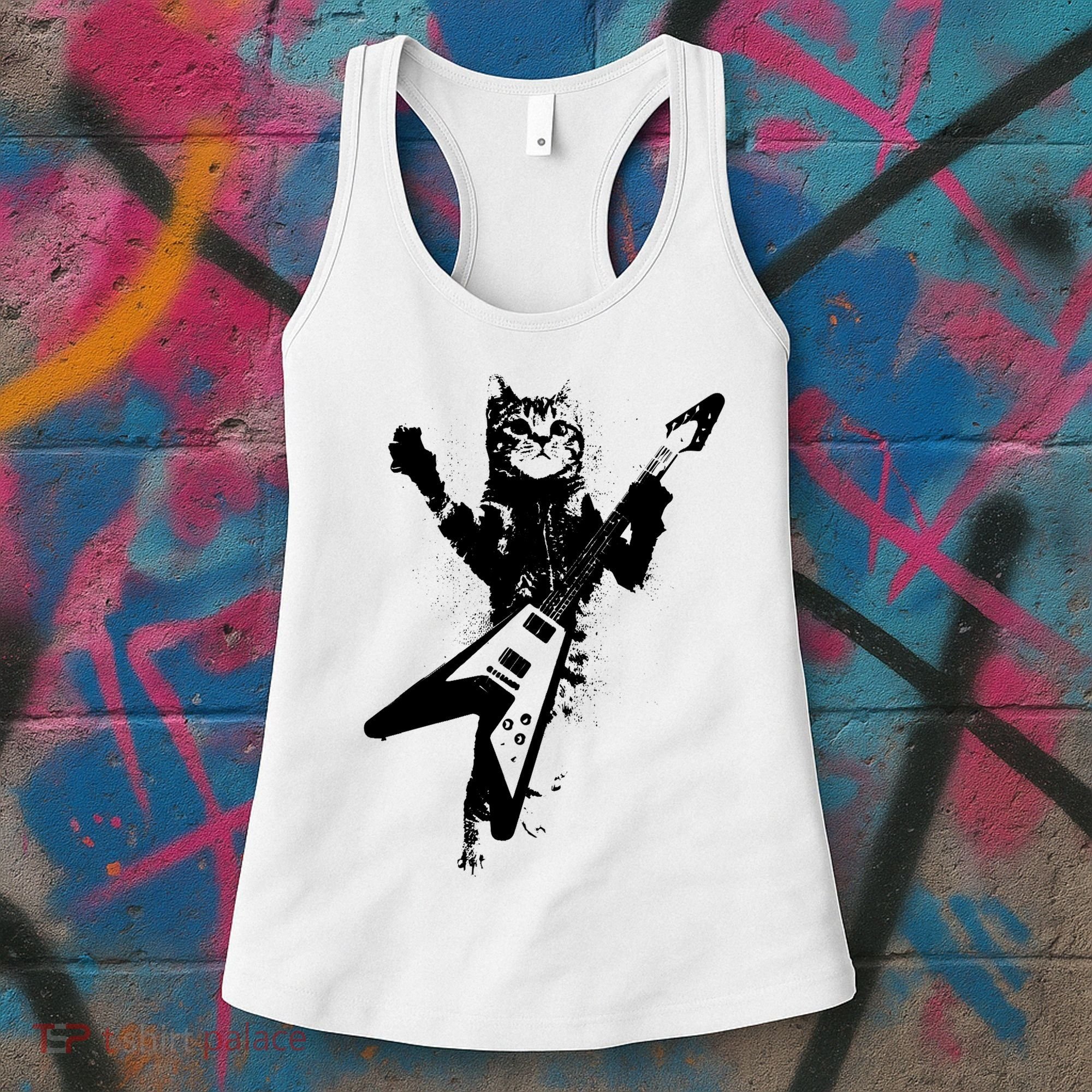 Cat Playing Flying V Guitar Musician Cat Lover TShirt Women's Tank Top