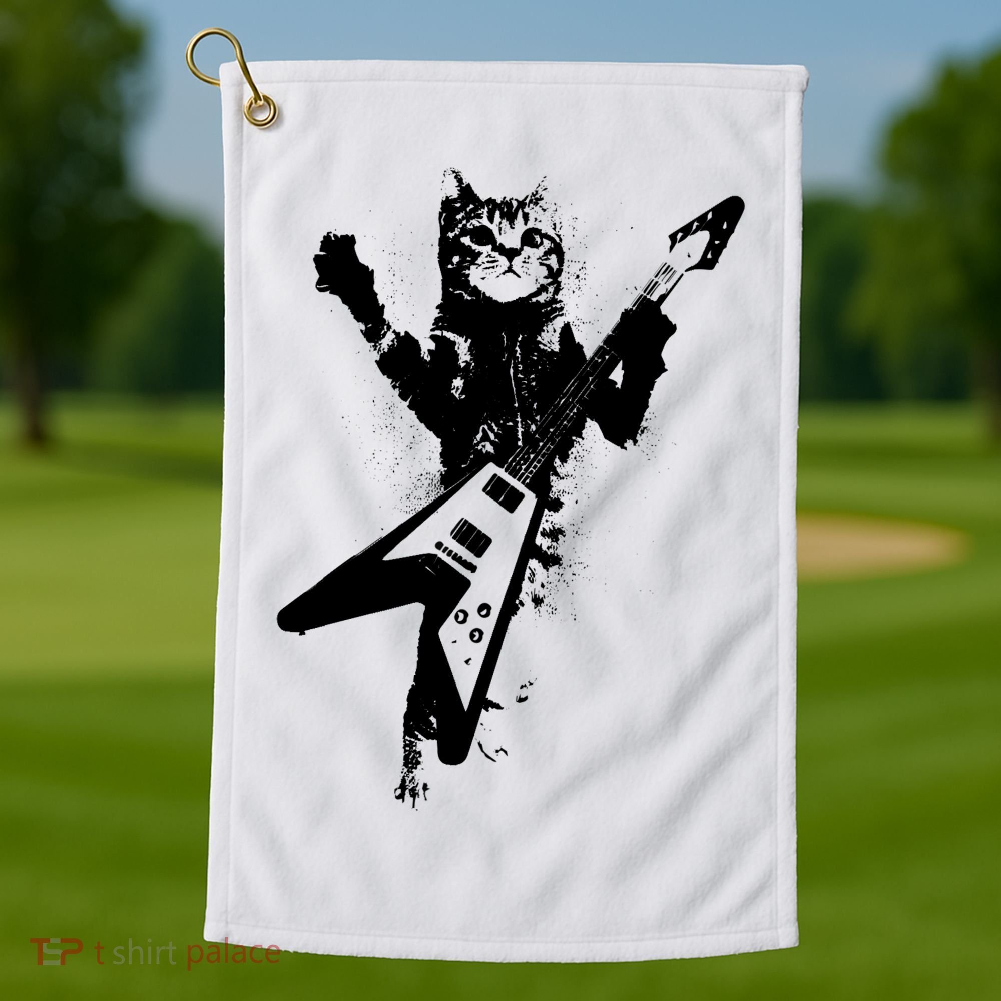 Cat Playing Flying V Guitar Musician Cat Lover TShirt Golf Towel