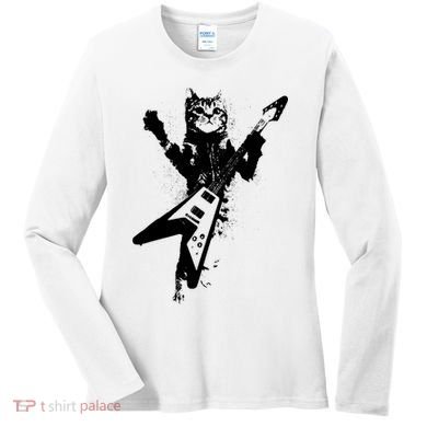 Cat Playing Flying V Guitar Musician Cat Lover TShirt Women's Long Sleeve Shirt