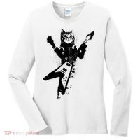 Cat Playing Flying V Guitar Musician Cat Lover TShirt Women's Long Sleeve Shirt thumb 0
