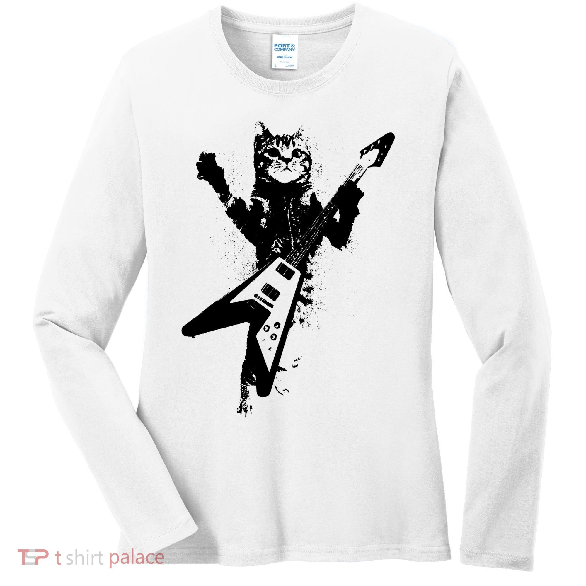 Cat Playing Flying V Guitar Musician Cat Lover TShirt Women's Long Sleeve Shirt