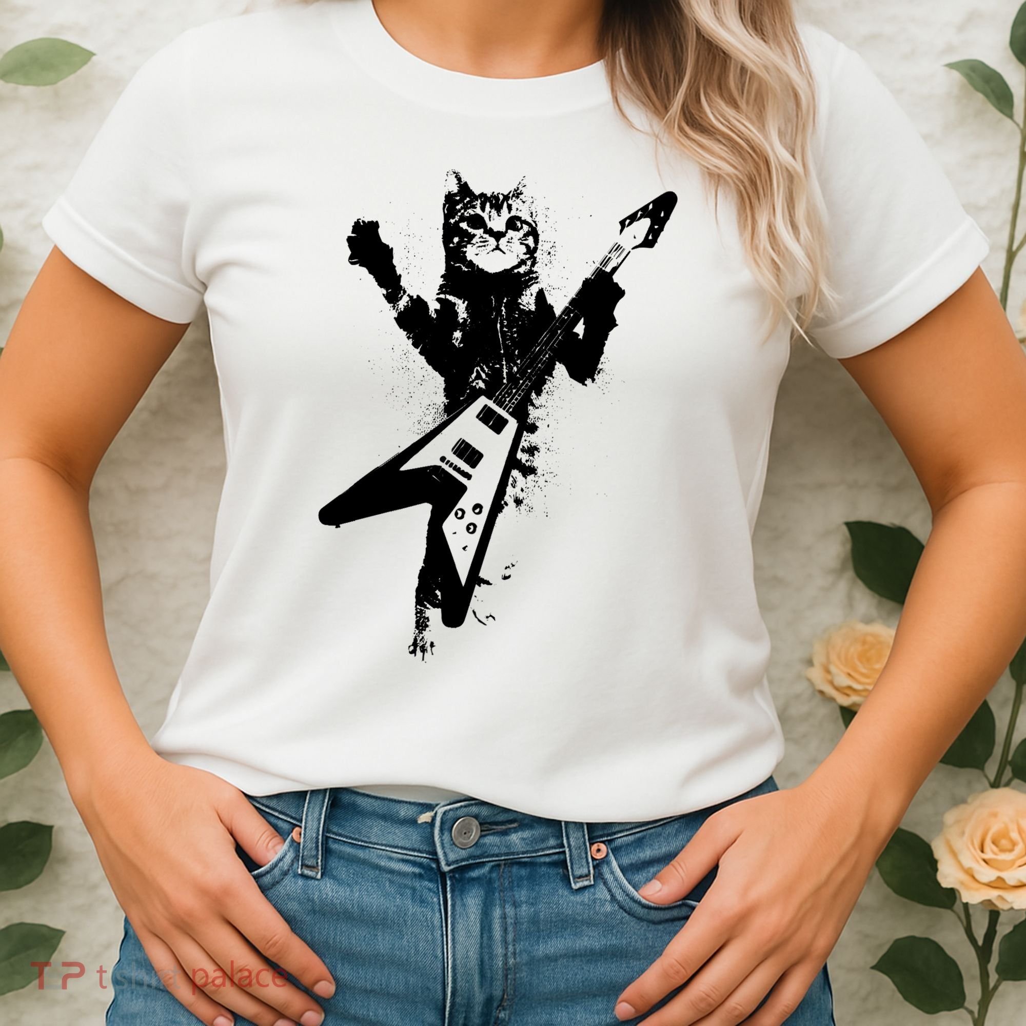 Cat Playing Flying V Guitar Musician Cat Lover TShirt Women's T-Shirt