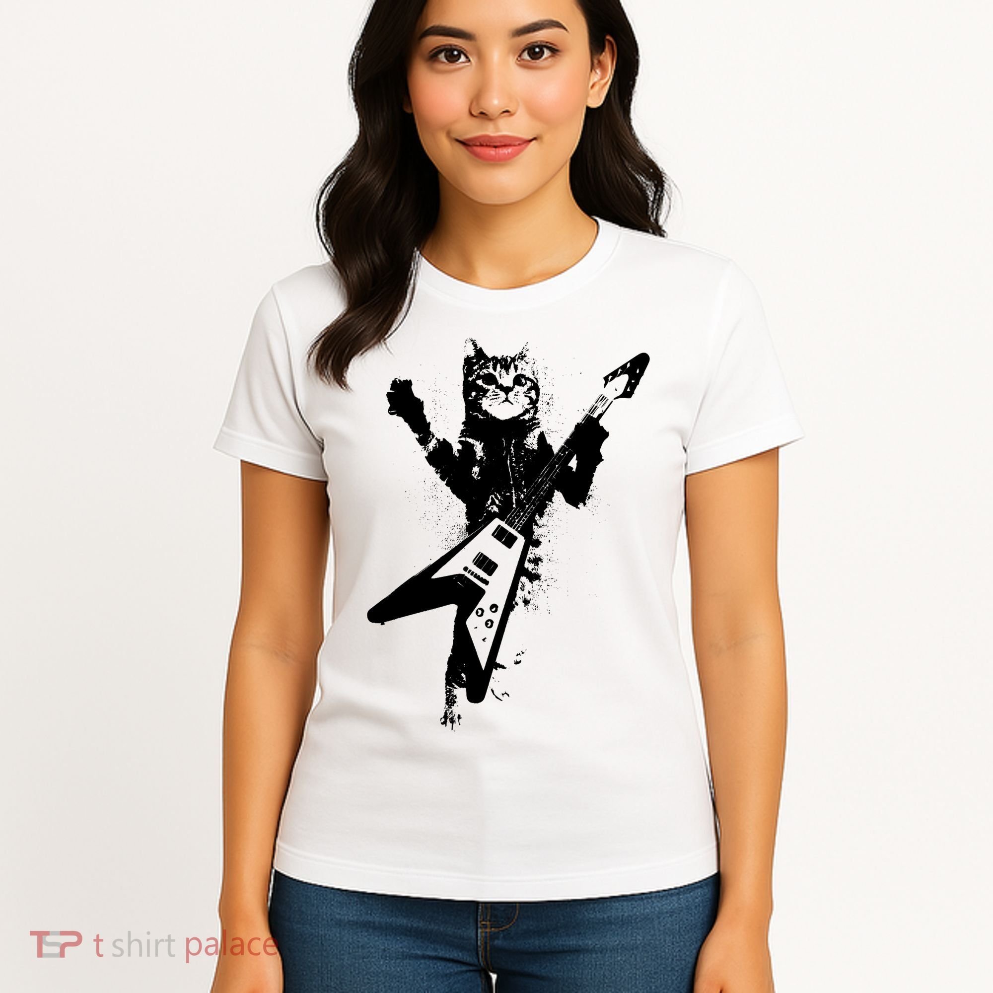 Cat Playing Flying V Guitar Musician Cat Lover TShirt Women's T-Shirt