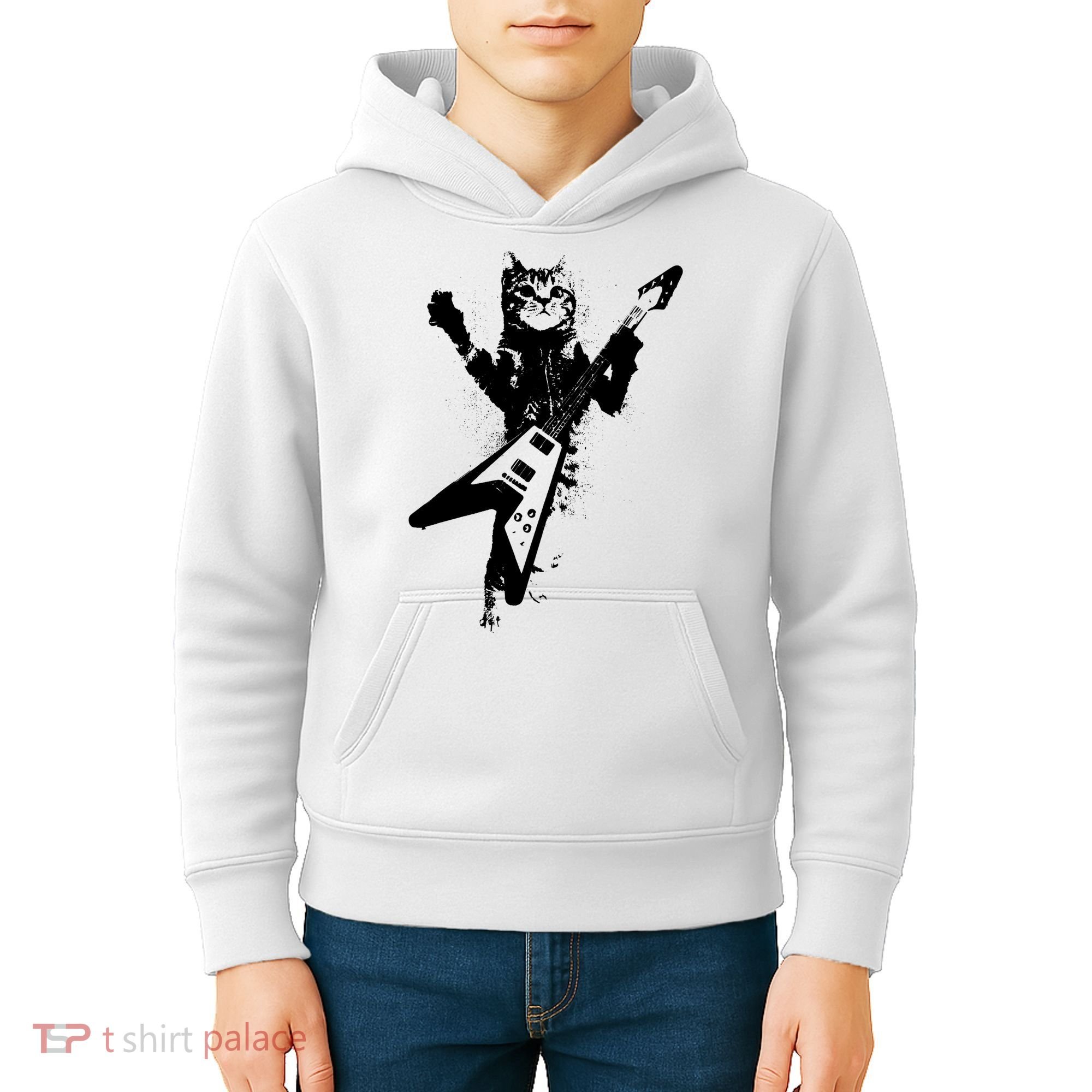 Cat Playing Flying V Guitar Musician Cat Lover TShirt Kids Hoodie