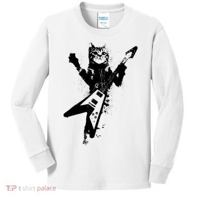Cat Playing Flying V Guitar Musician Cat Lover TShirt Kids Long Sleeve Shirt
