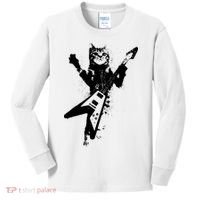 Cat Playing Flying V Guitar Musician Cat Lover TShirt Kids Long Sleeve Shirt thumb 0