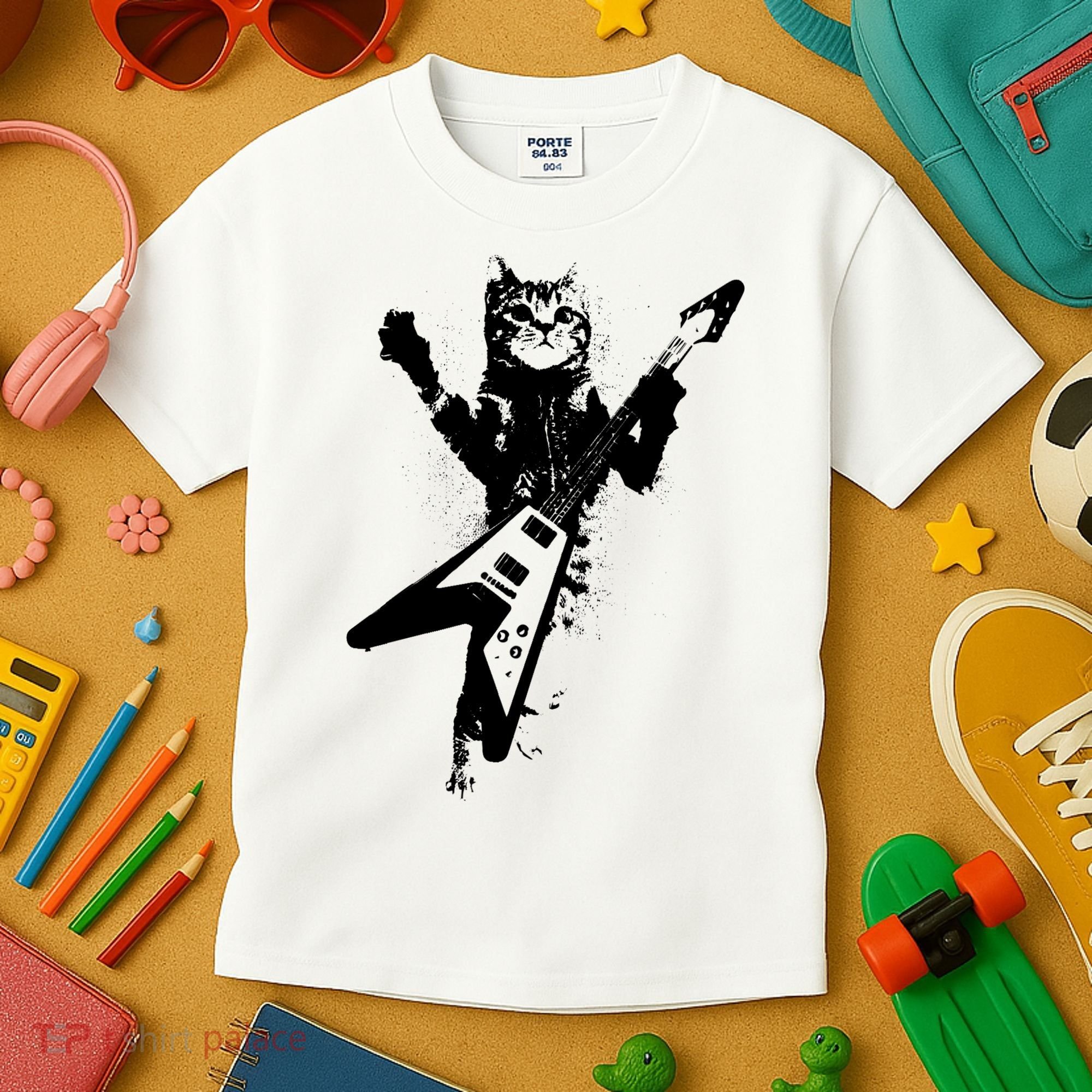 Cat Playing Flying V Guitar Musician Cat Lover TShirt Kids T-Shirt