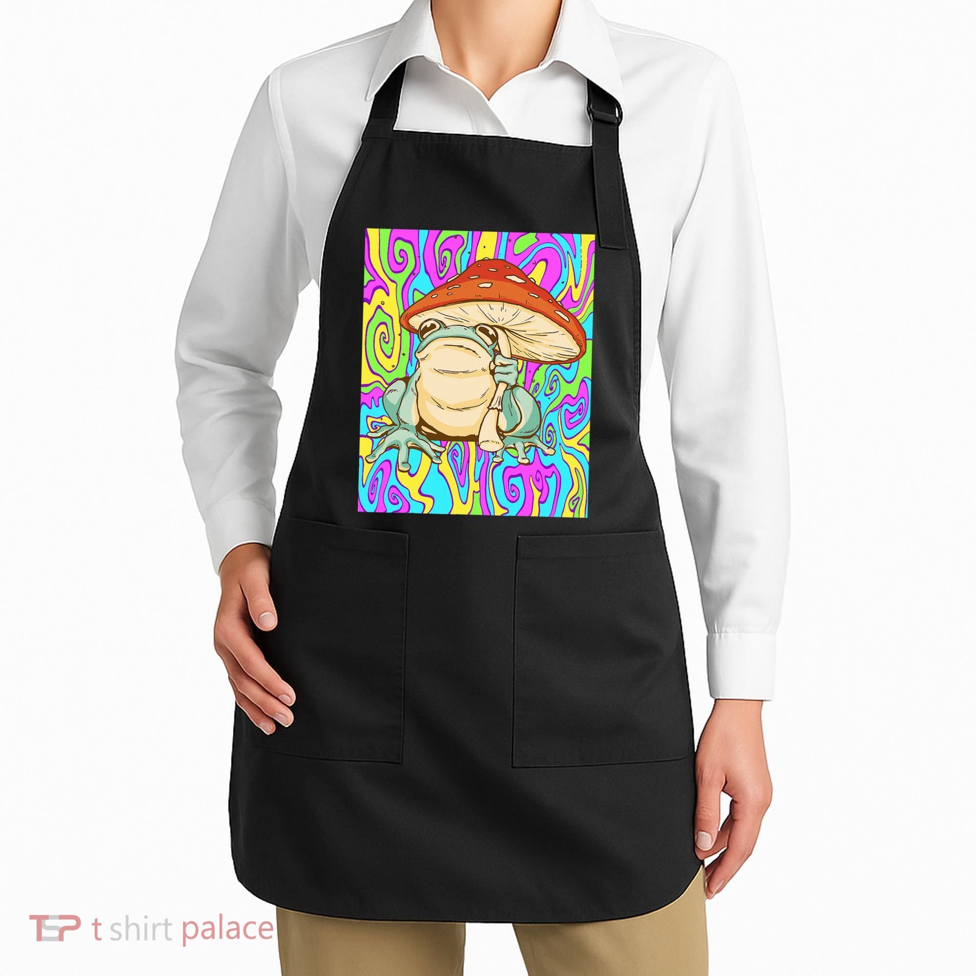 Chief Psychedelic Frog Toad Holding Trippy Mushroom Apron