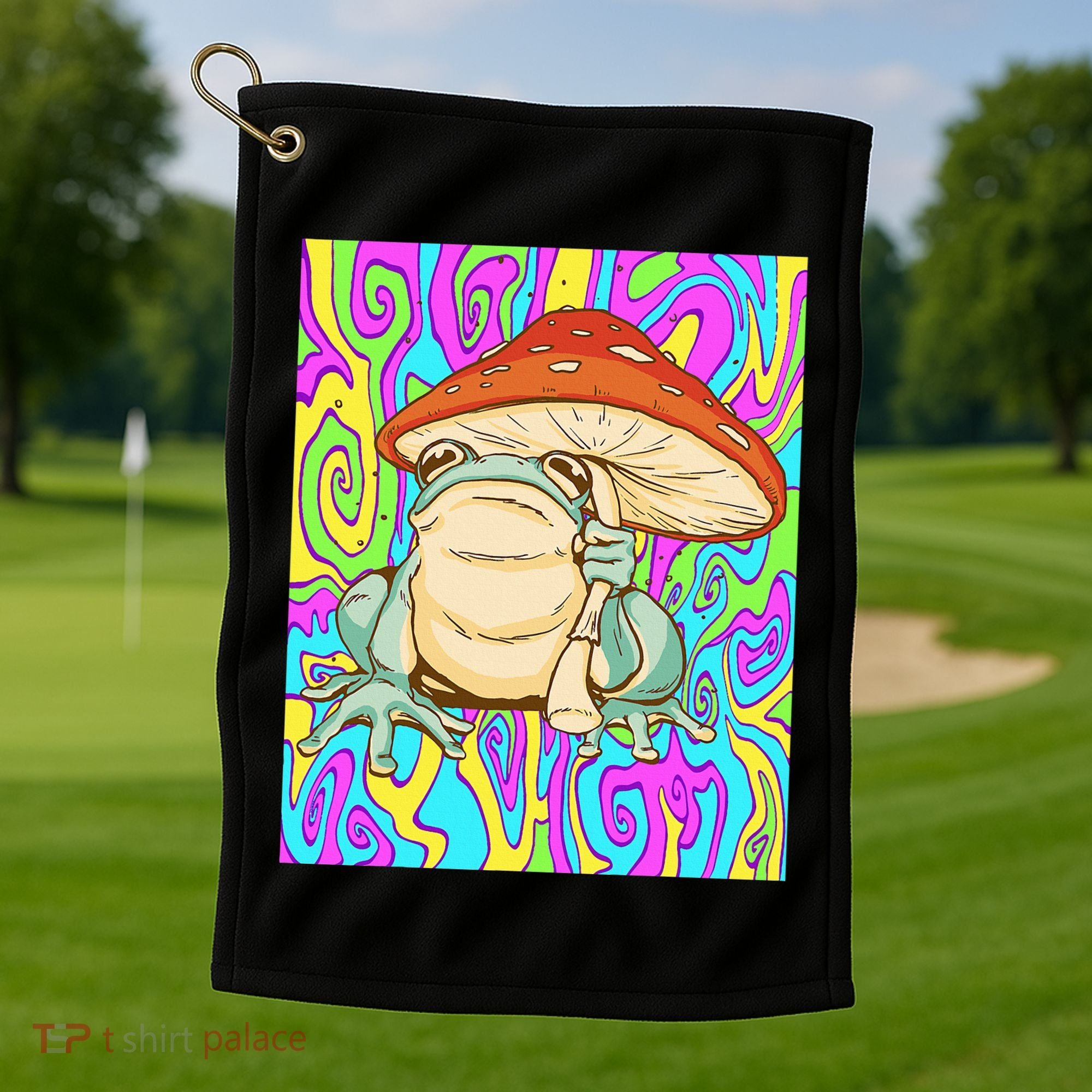 Chief Psychedelic Frog Toad Holding Trippy Mushroom Golf Towel