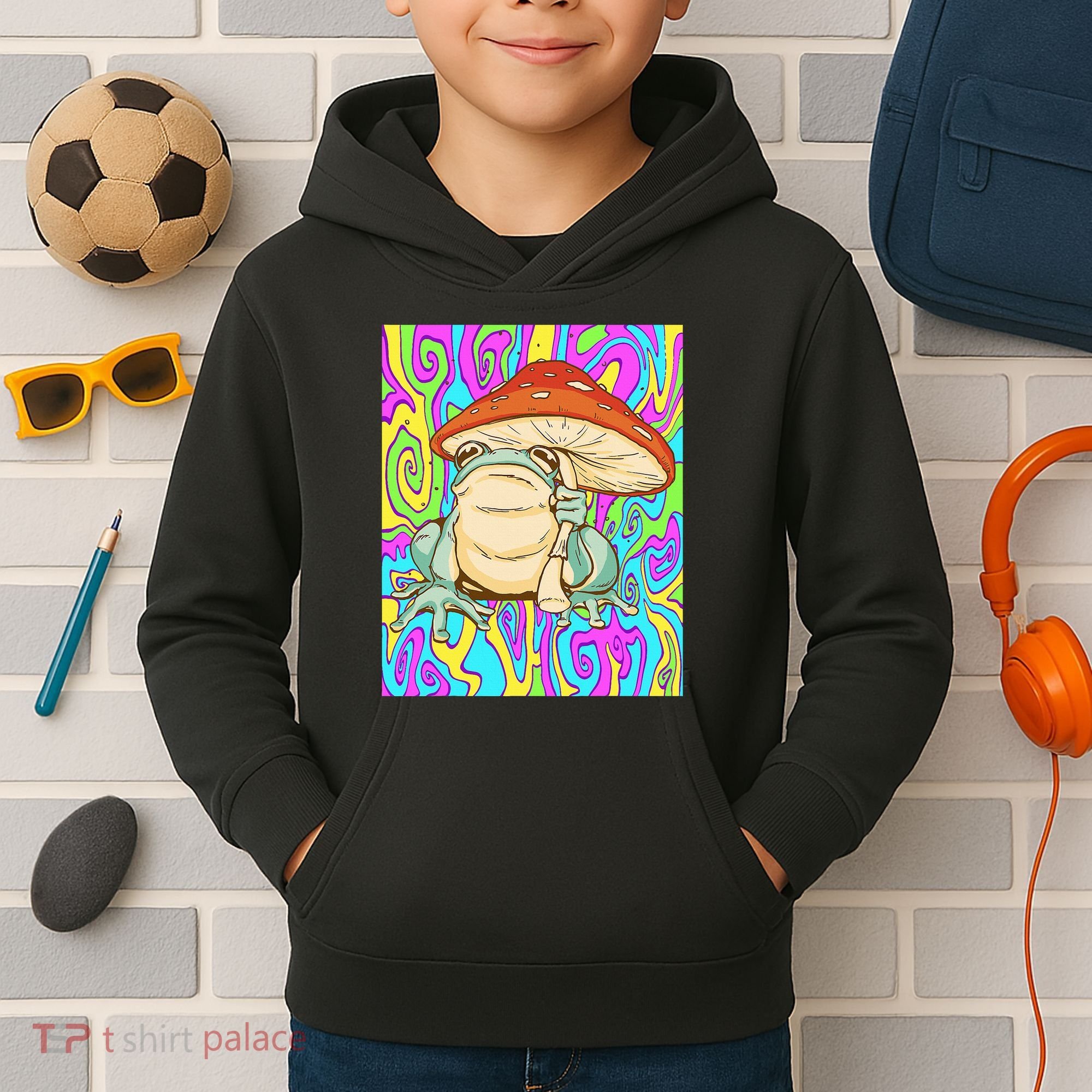 Chief Psychedelic Frog Toad Holding Trippy Mushroom Kids Hoodie