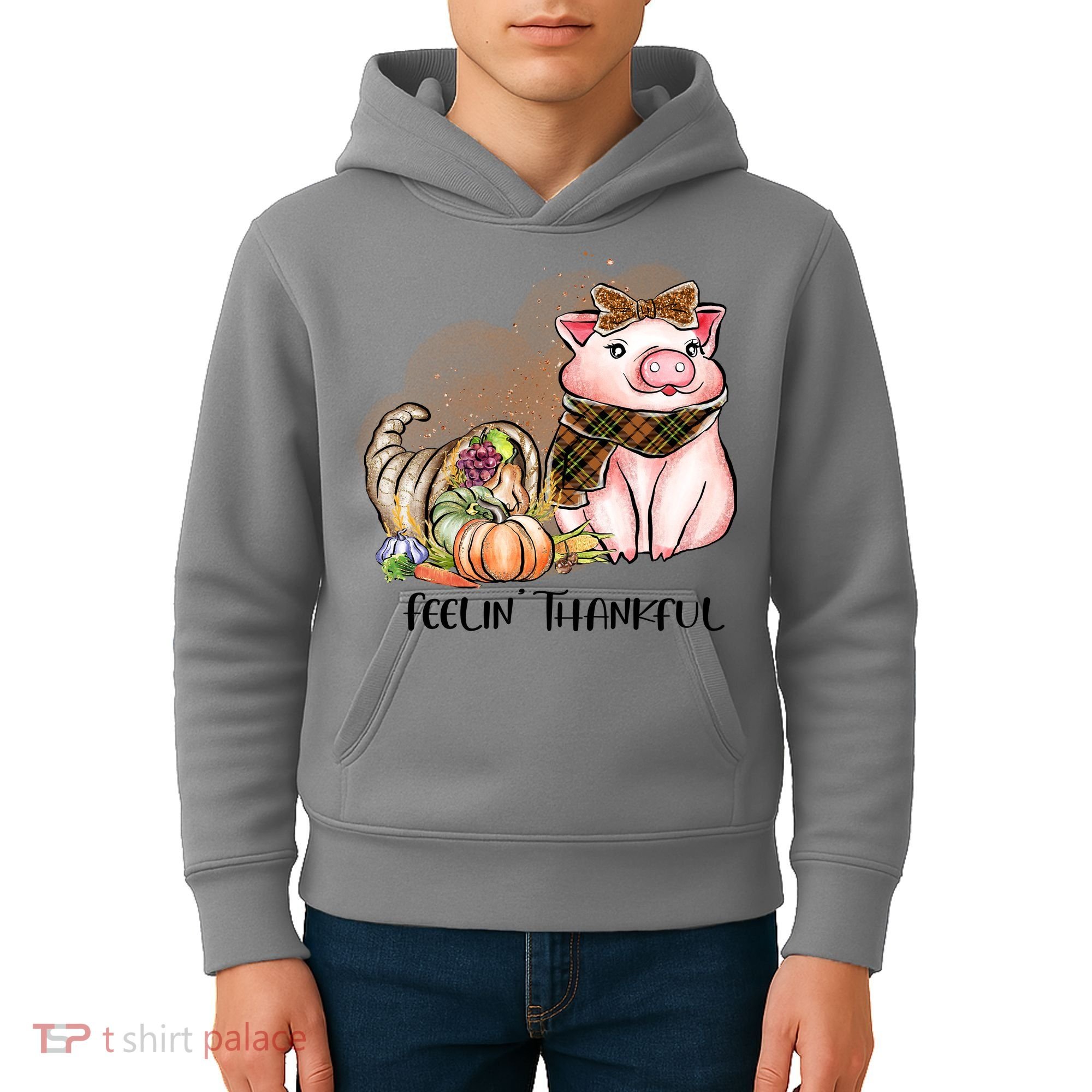 Cute Pig Feelin' Thankful's Gift For Thanksgiving Kids Hoodie
