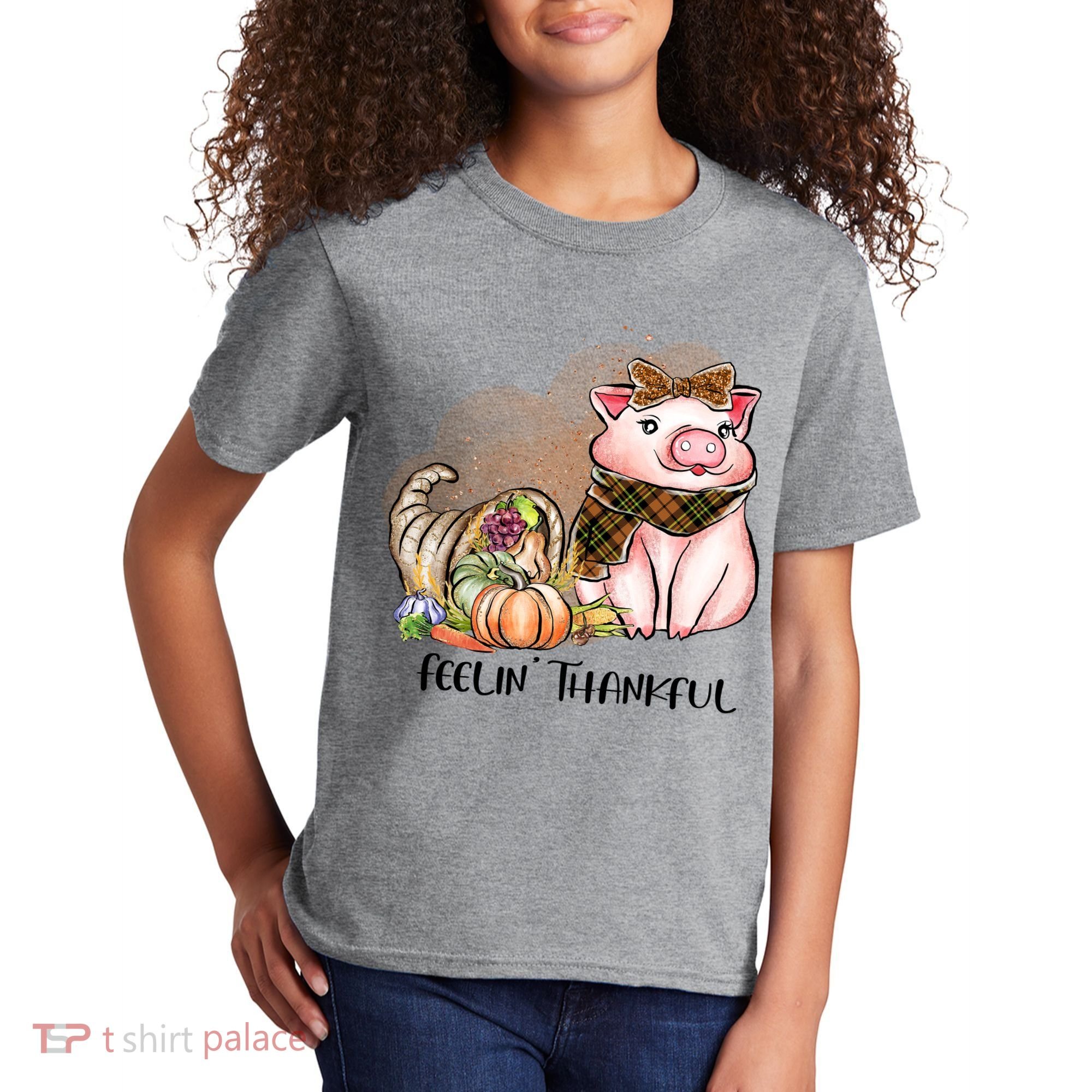 Cute Pig Feelin' Thankful's Gift For Thanksgiving Kids T-Shirt