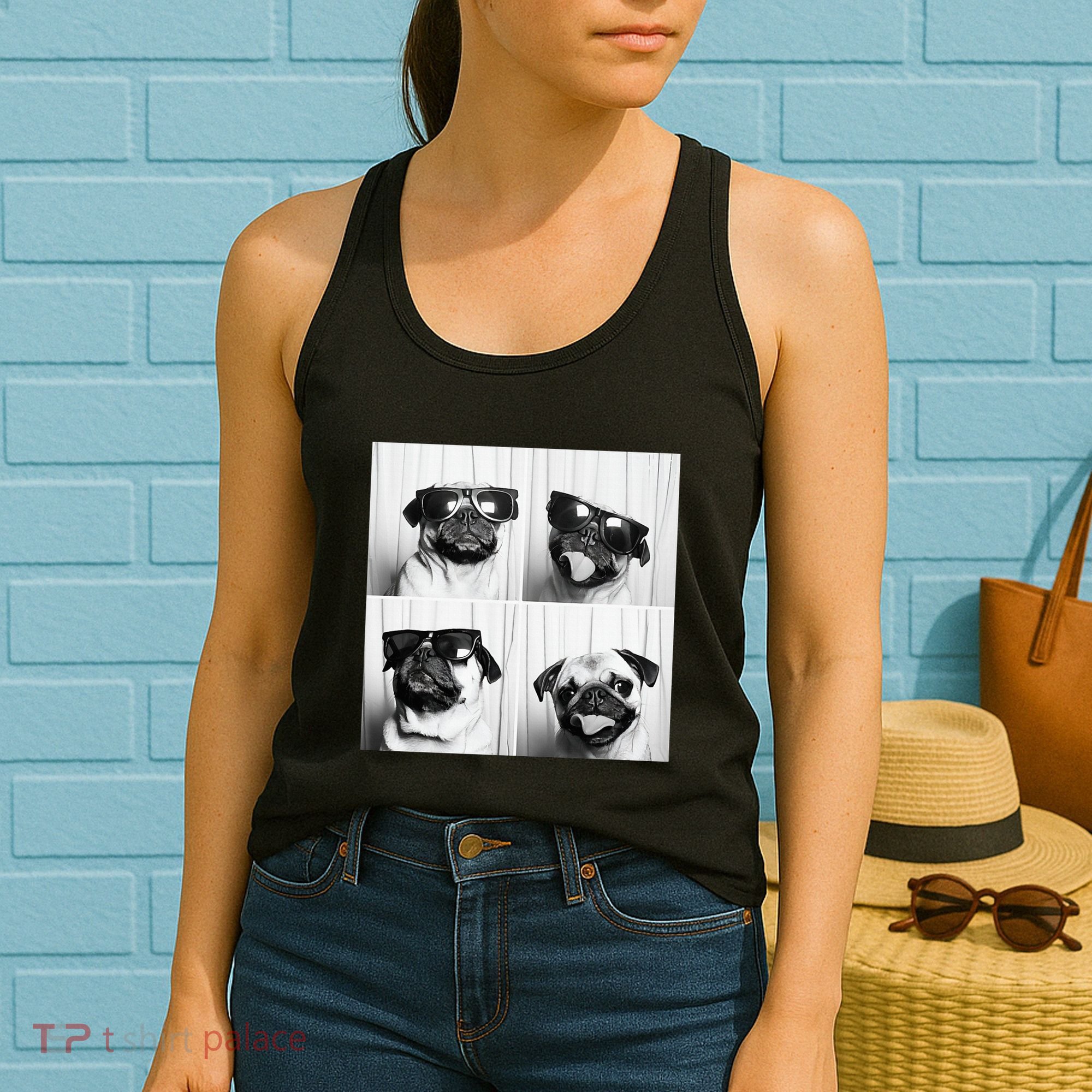 Cute Pug Face Pet Photobooth Cool Pug With Sunglasses Women's Tank Top