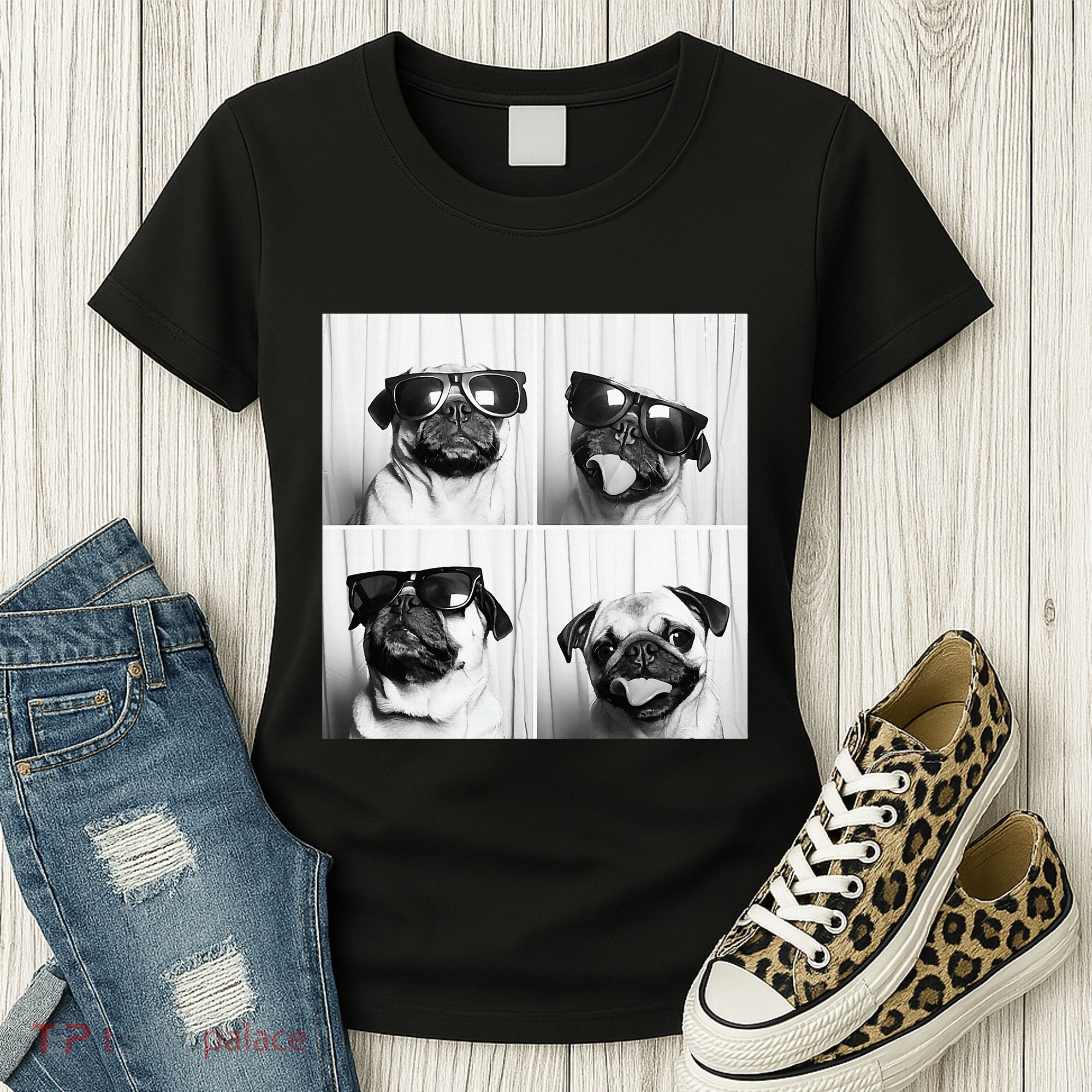 Cute Pug Face Pet Photobooth Cool Pug With Sunglasses Women's T-Shirt