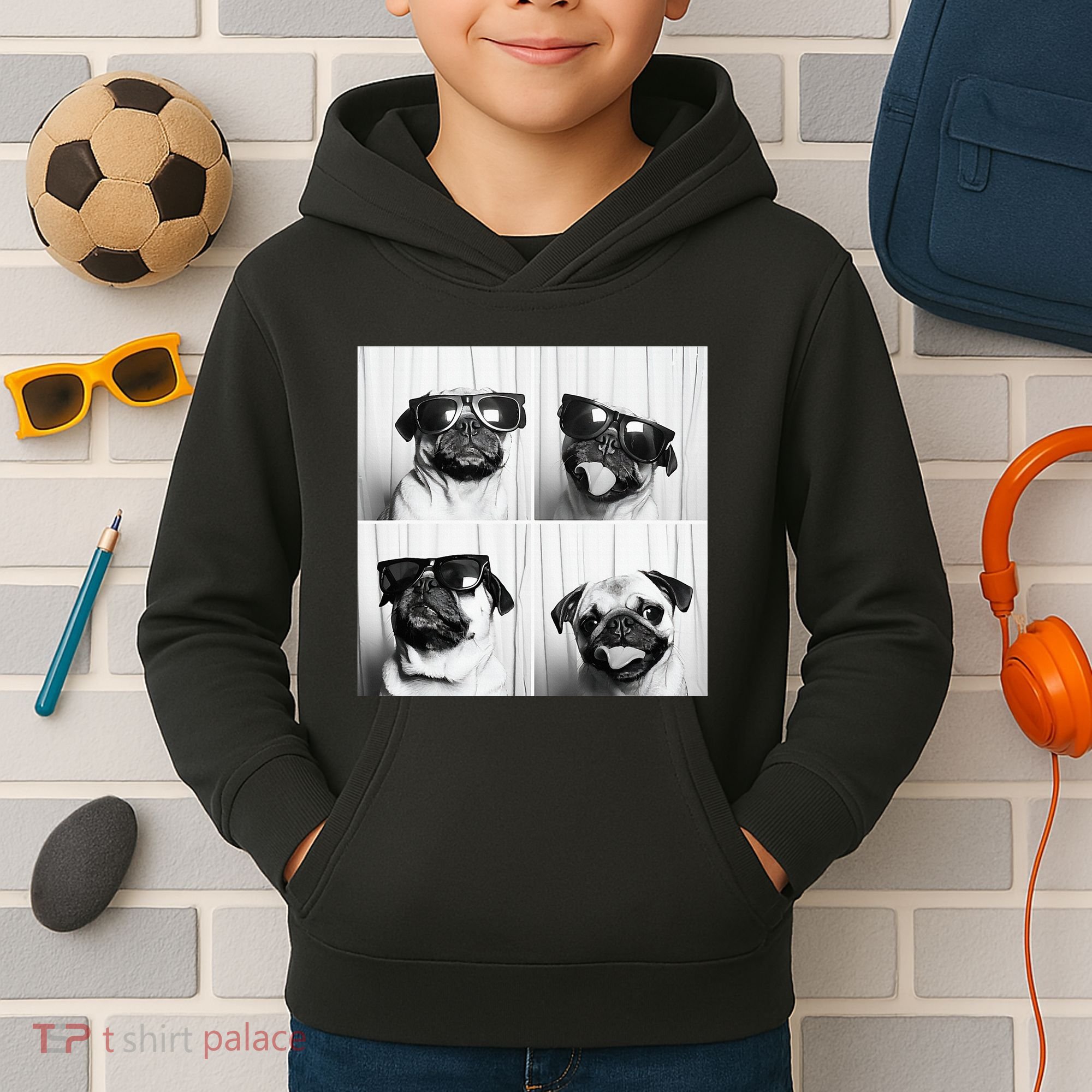 Cute Pug Face Pet Photobooth Cool Pug With Sunglasses Kids Hoodie