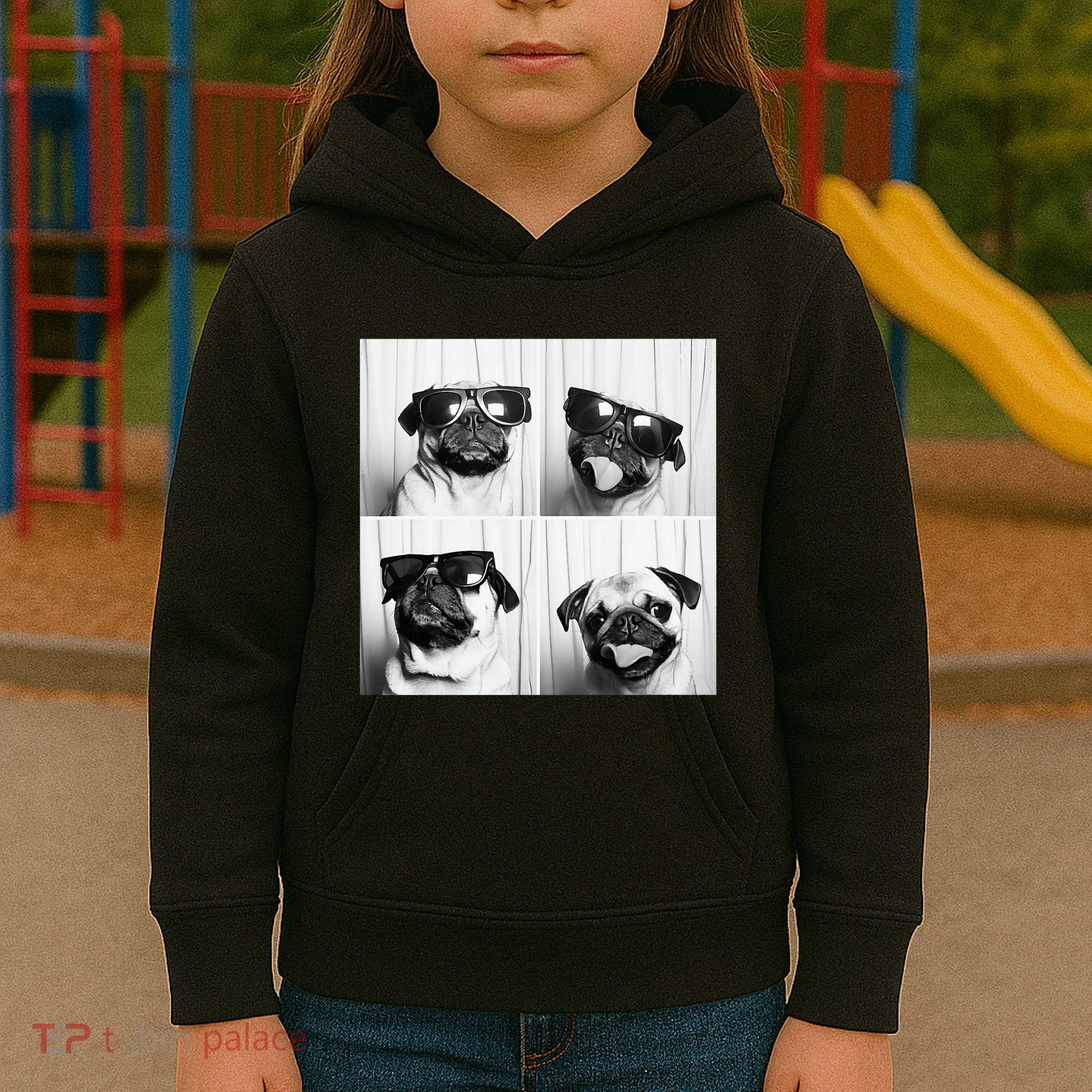 Cute Pug Face Pet Photobooth Cool Pug With Sunglasses Kids Hoodie