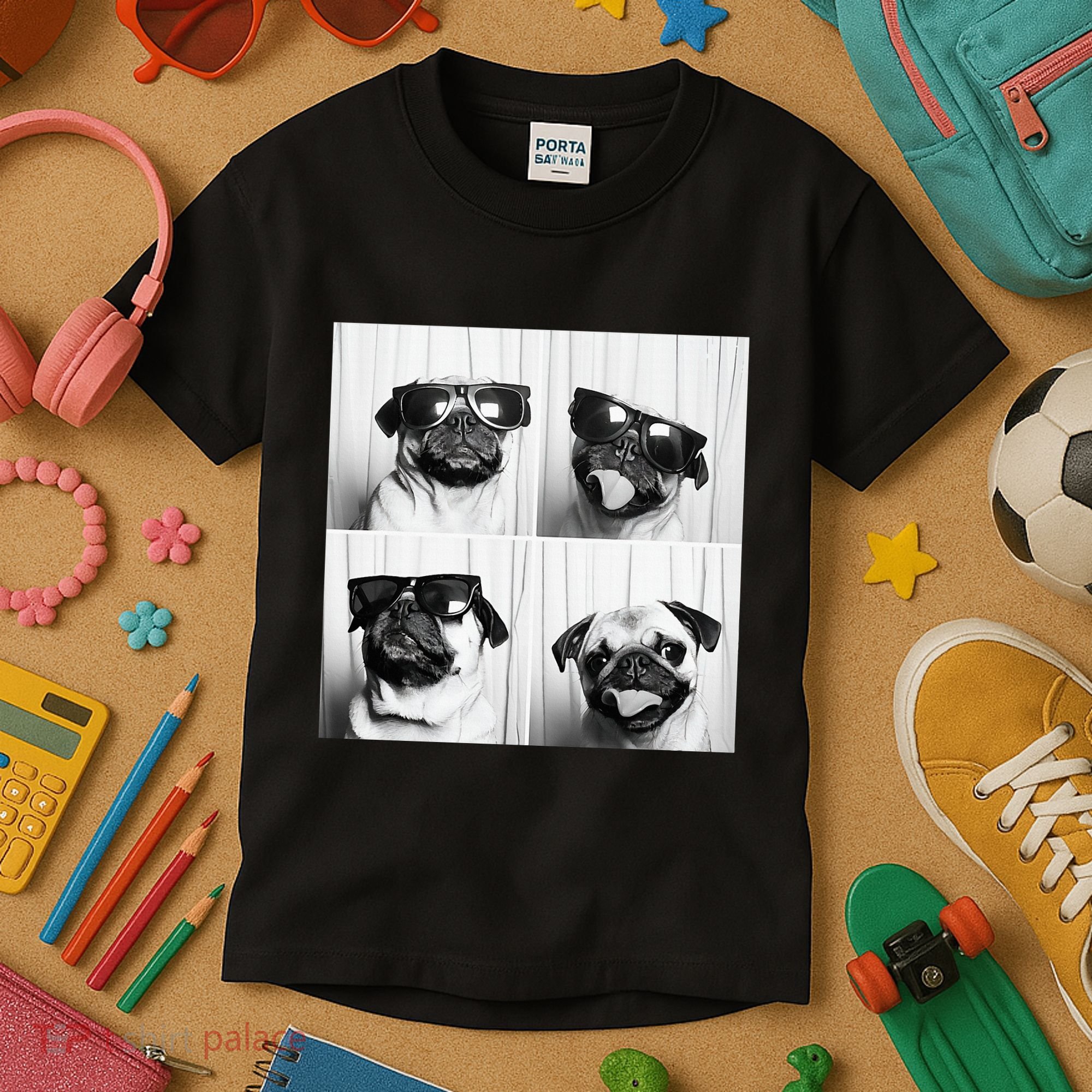 Cute Pug Face Pet Photobooth Cool Pug With Sunglasses Kids T-Shirt