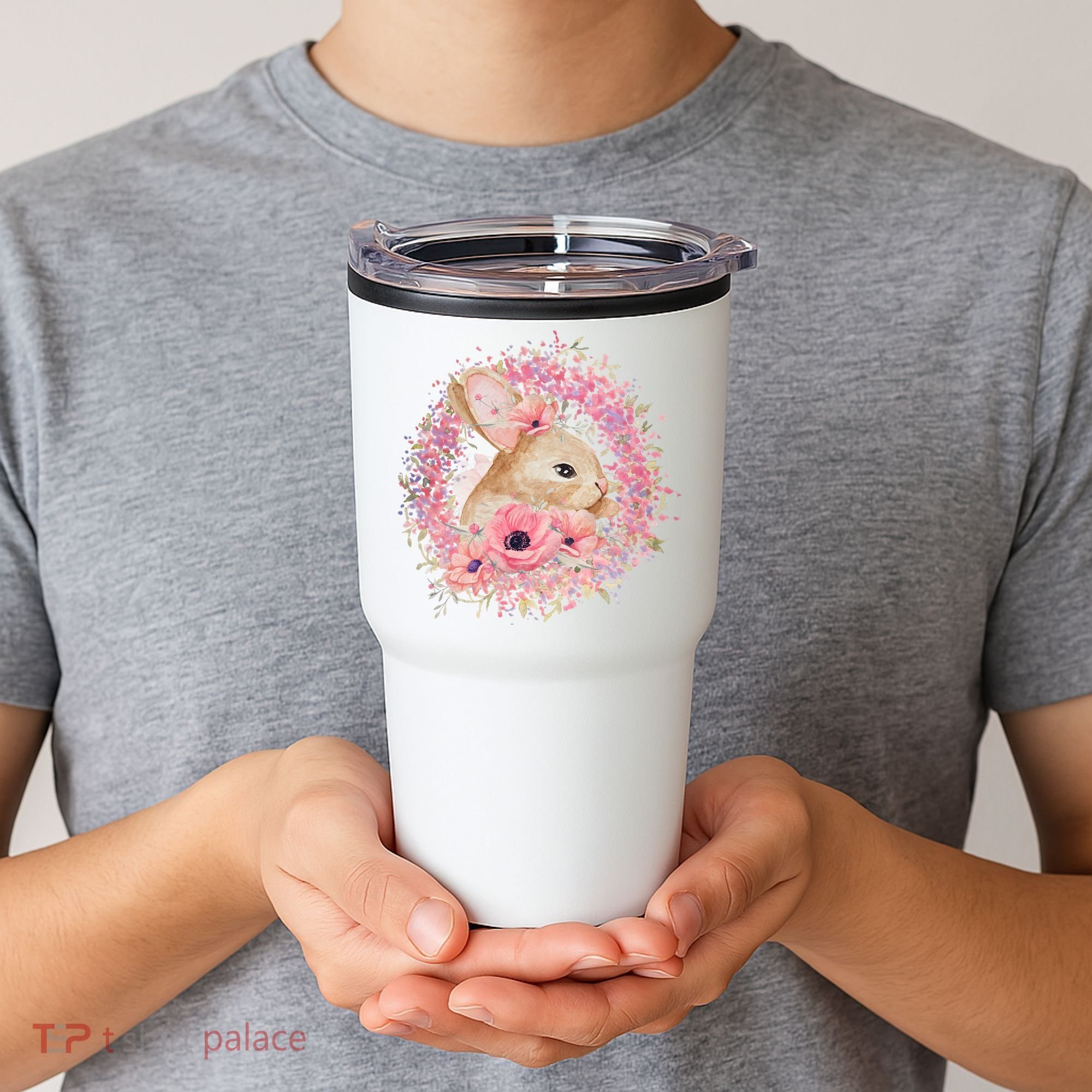 Cute Pink Floral Easter Bunny Tumbler
