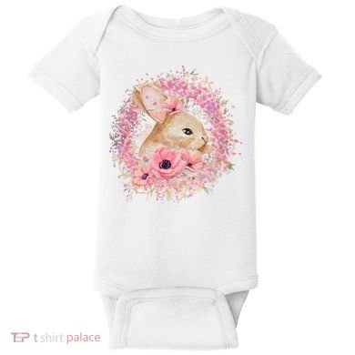 Cute Pink Floral Easter Bunny Baby Bodysuit