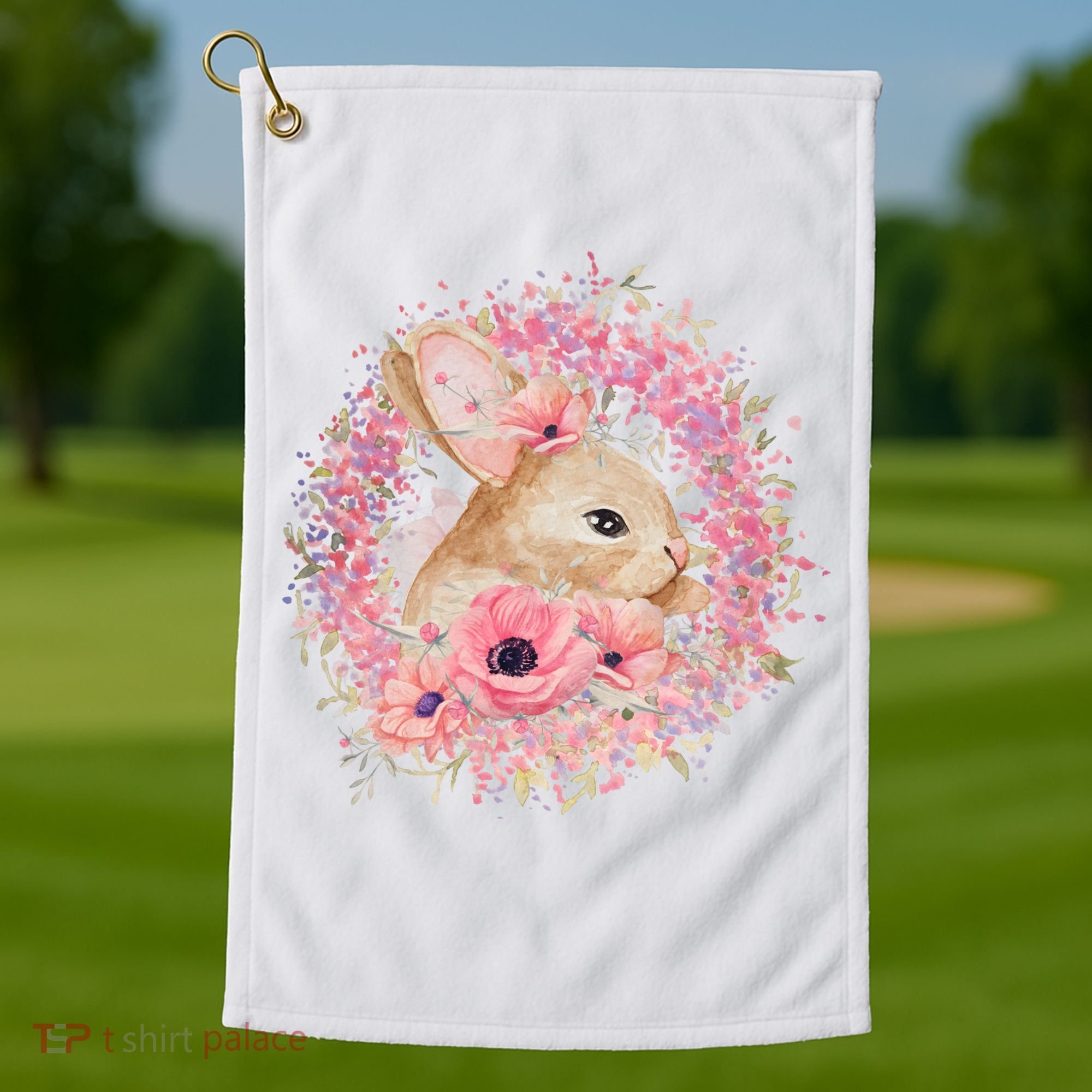 Cute Pink Floral Easter Bunny Golf Towel