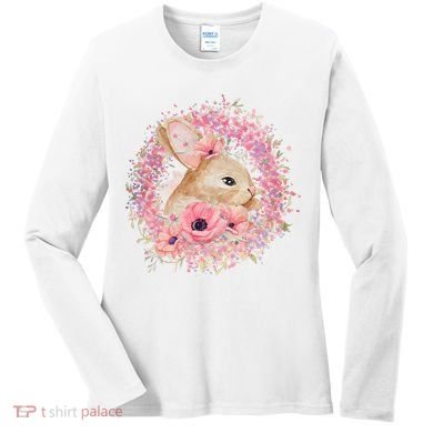 Cute Pink Floral Easter Bunny Women's Long Sleeve Shirt