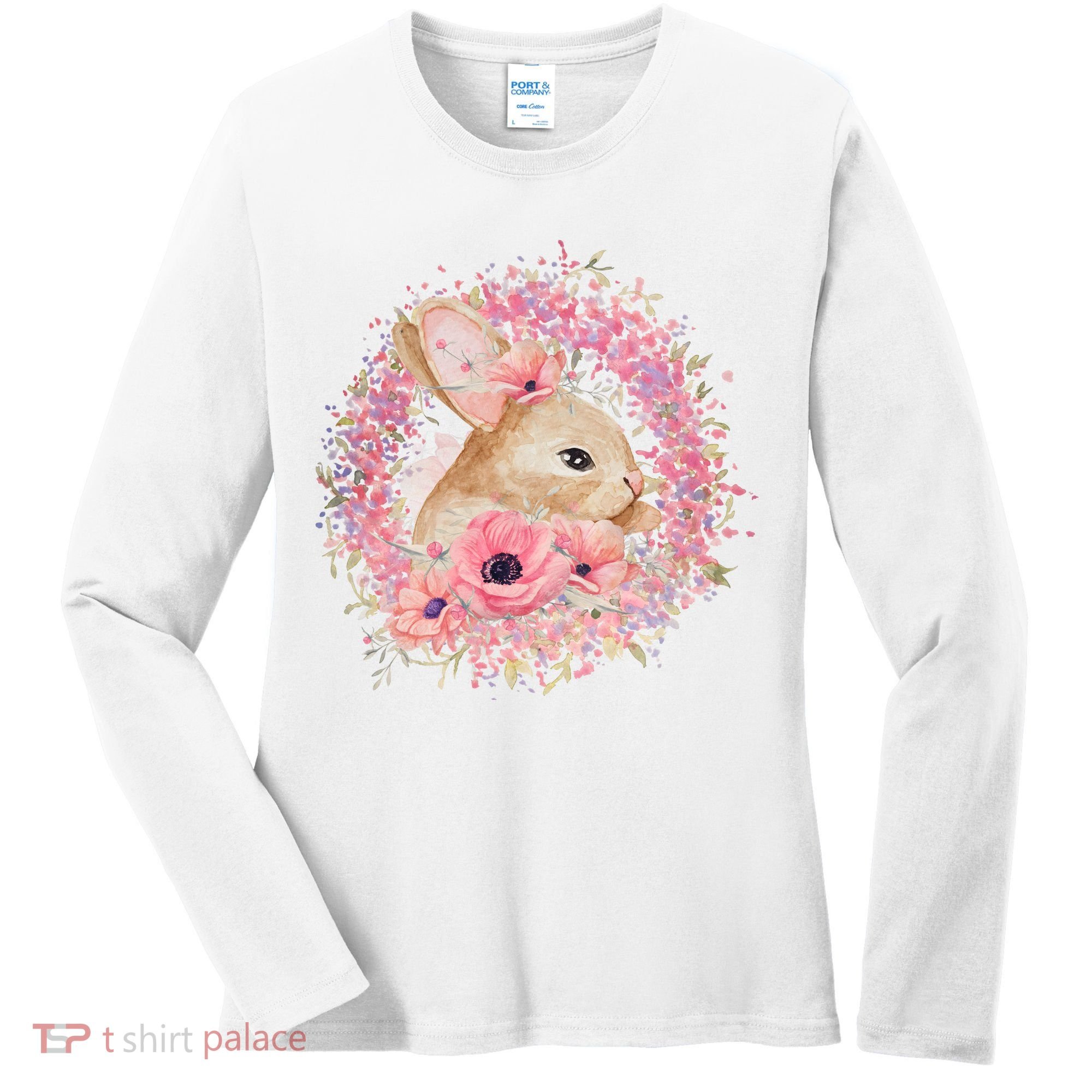 Cute Pink Floral Easter Bunny Women's Long Sleeve Shirt