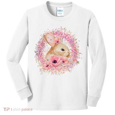 Cute Pink Floral Easter Bunny Kids Long Sleeve Shirt