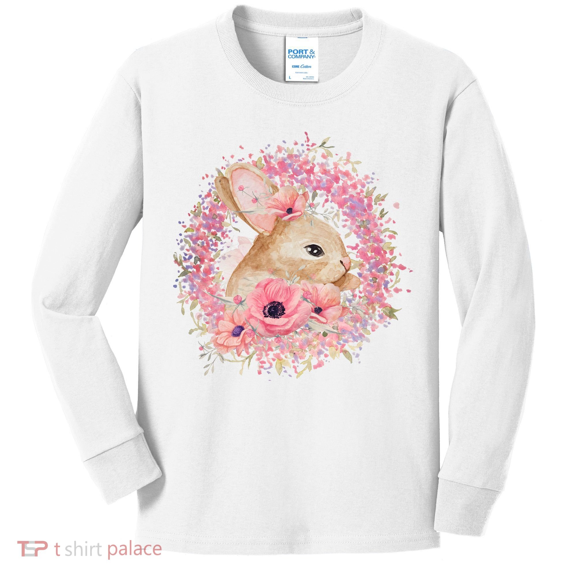 Cute Pink Floral Easter Bunny Kids Long Sleeve Shirt