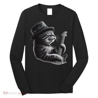 Cat Playing Guitar Funny Rock Music Guitar Cat Long Sleeve Shirt