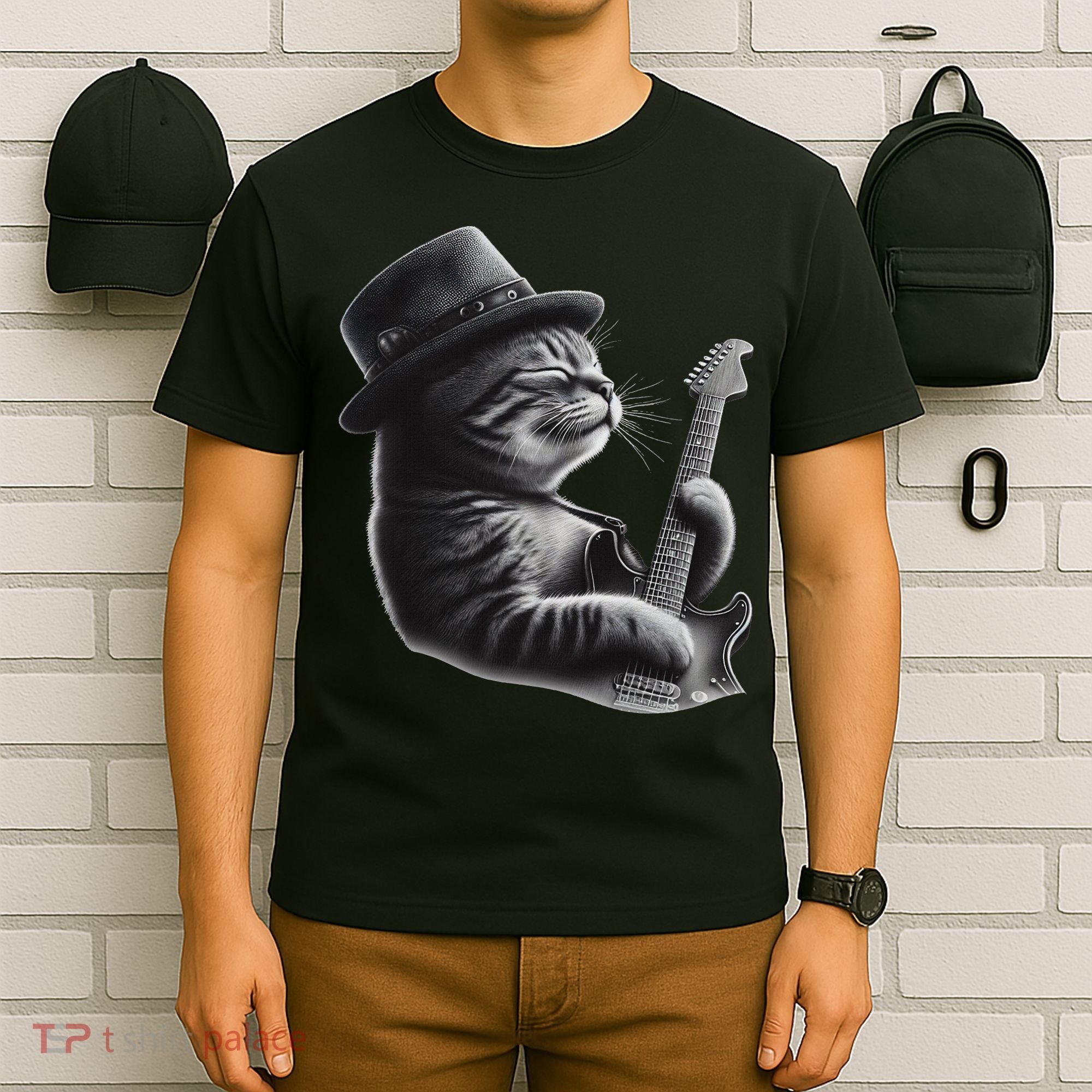 Cat Playing Guitar Funny Rock Music Guitar Cat T-Shirt