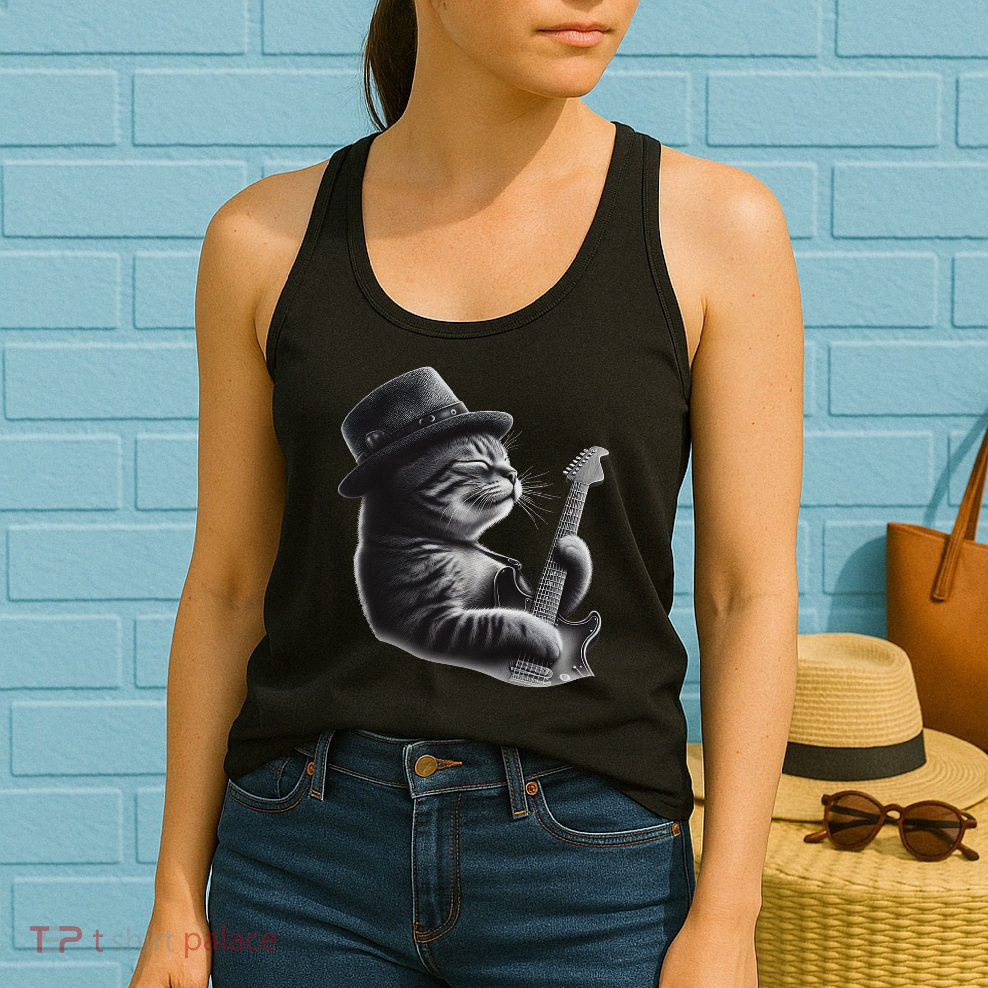 Cat Playing Guitar Funny Rock Music Guitar Cat Women's Tank Top