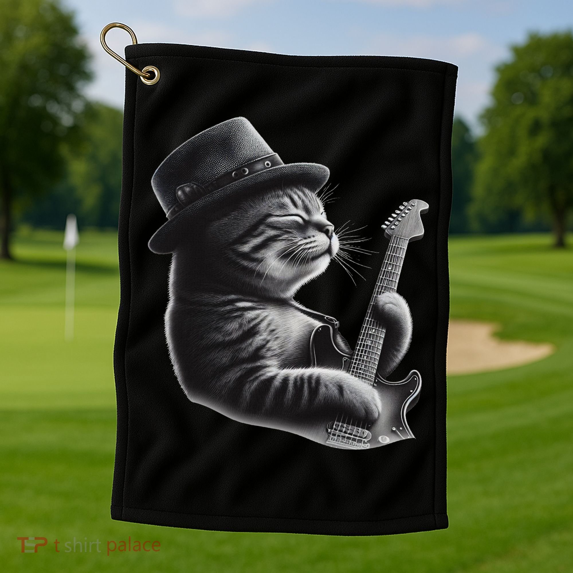 Cat Playing Guitar Funny Rock Music Guitar Cat Golf Towel