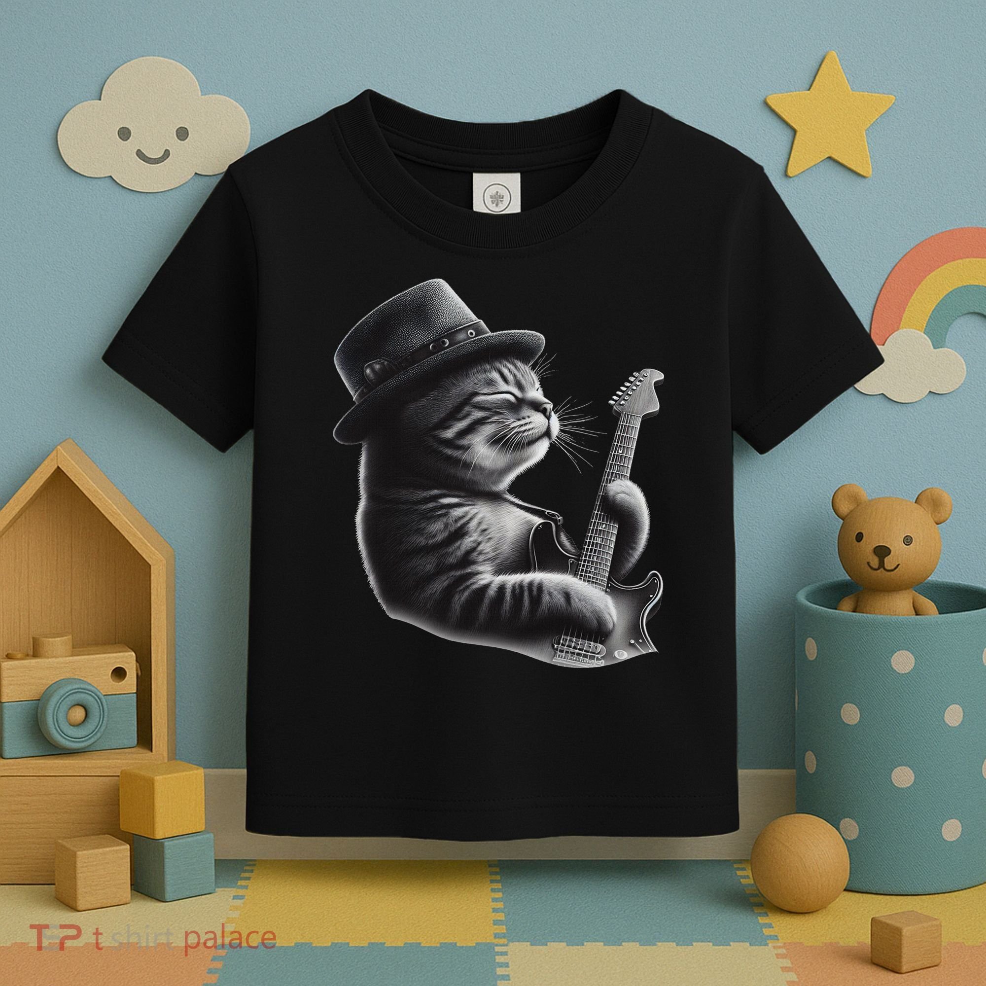 Cat Playing Guitar Funny Rock Music Guitar Cat Toddler T-Shirt