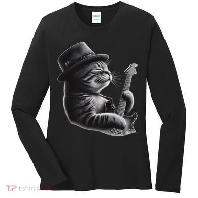 Cat Playing Guitar Funny Rock Music Guitar Cat Women's Long Sleeve Shirt