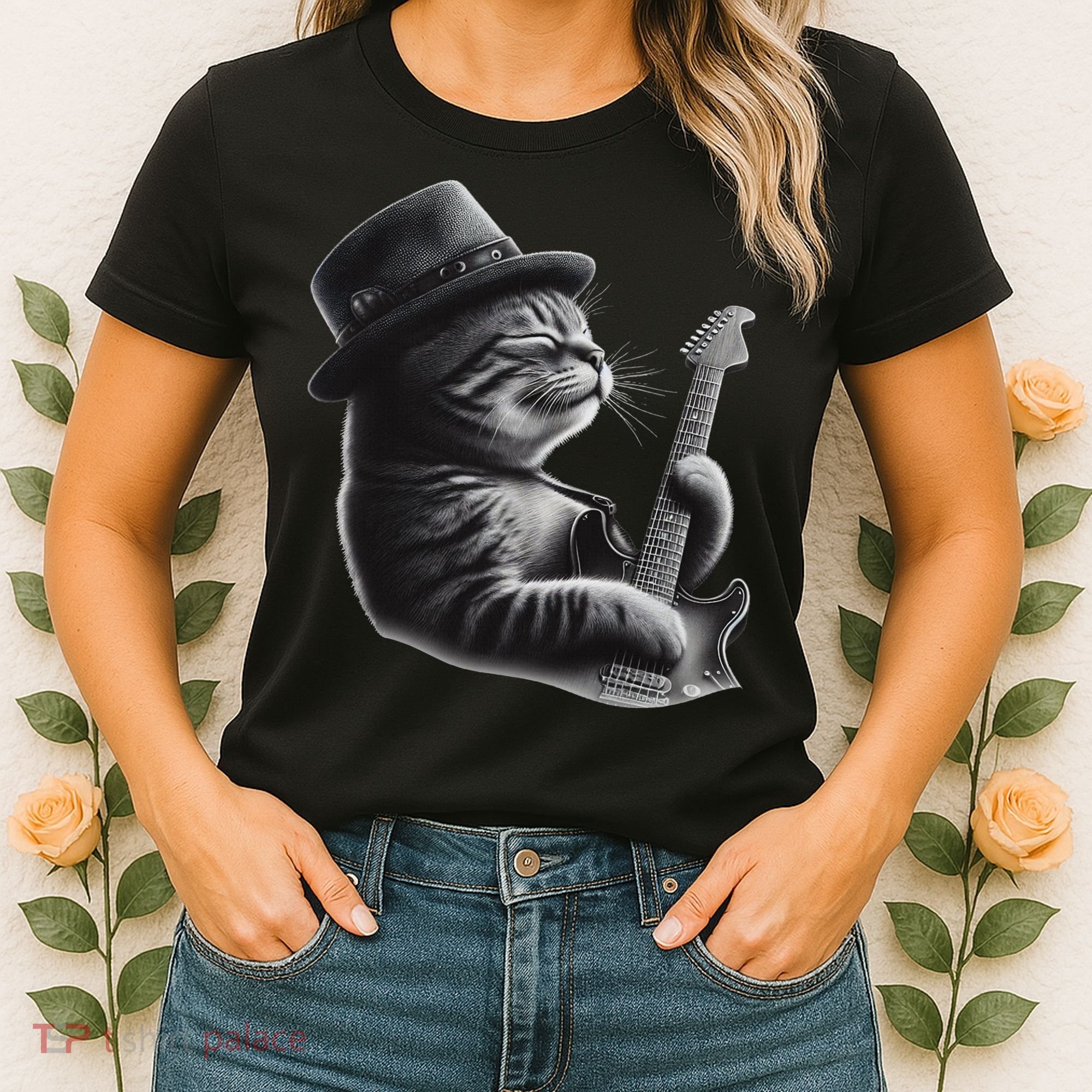 Cat Playing Guitar Funny Rock Music Guitar Cat Women's T-Shirt