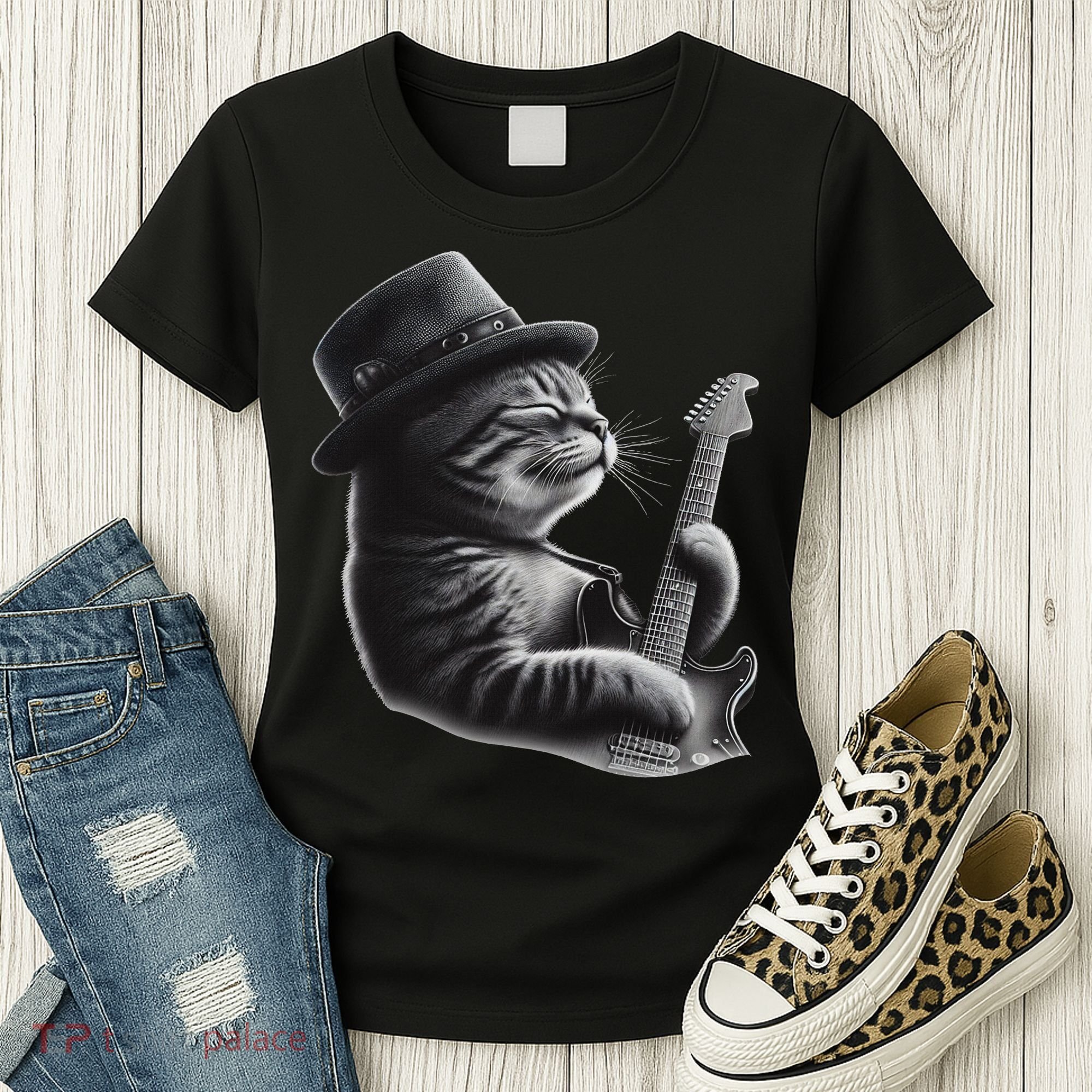Cat Playing Guitar Funny Rock Music Guitar Cat Women's T-Shirt