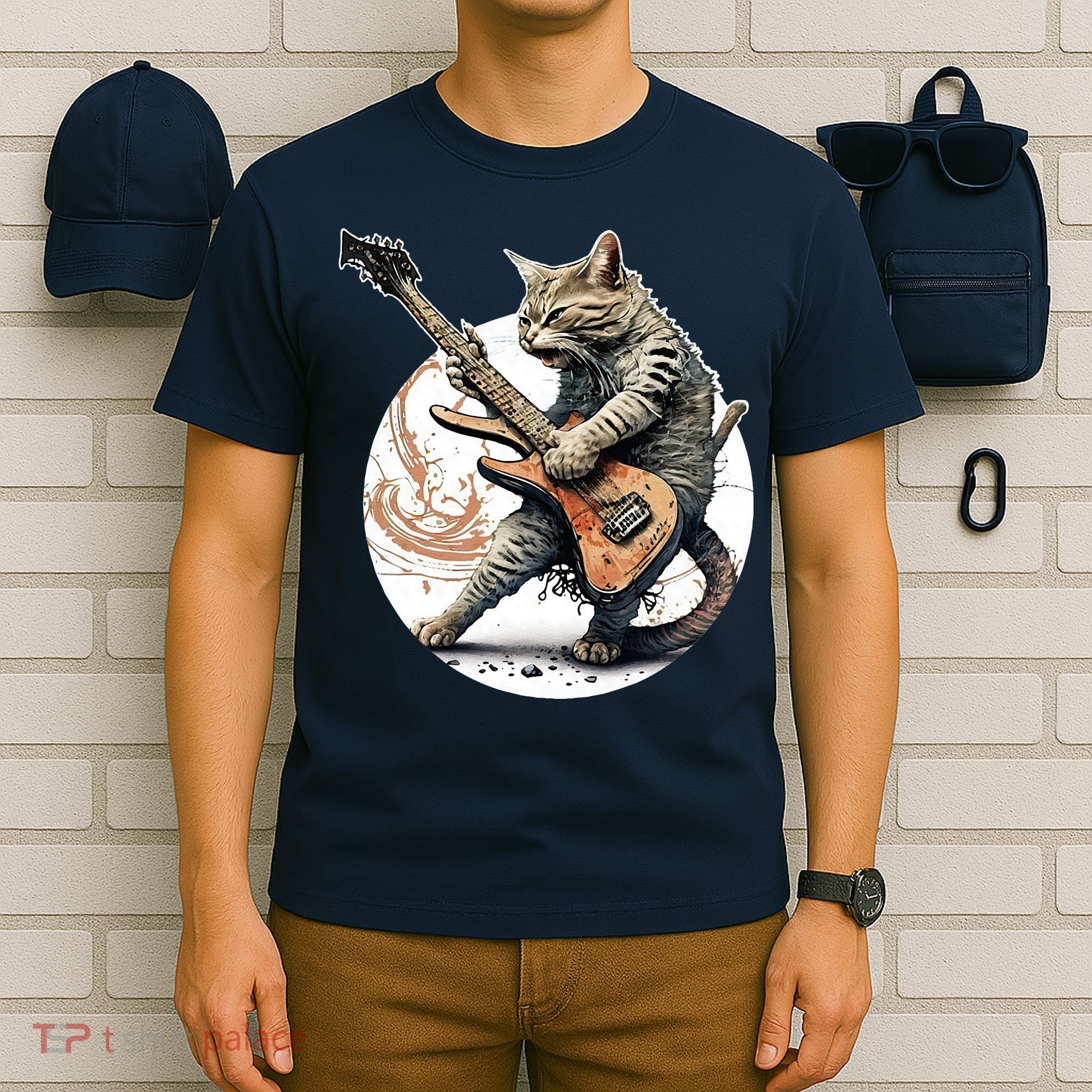 Cat Playing Guitar Rock Cat Heavy Metal Cat Music Cat T-Shirt